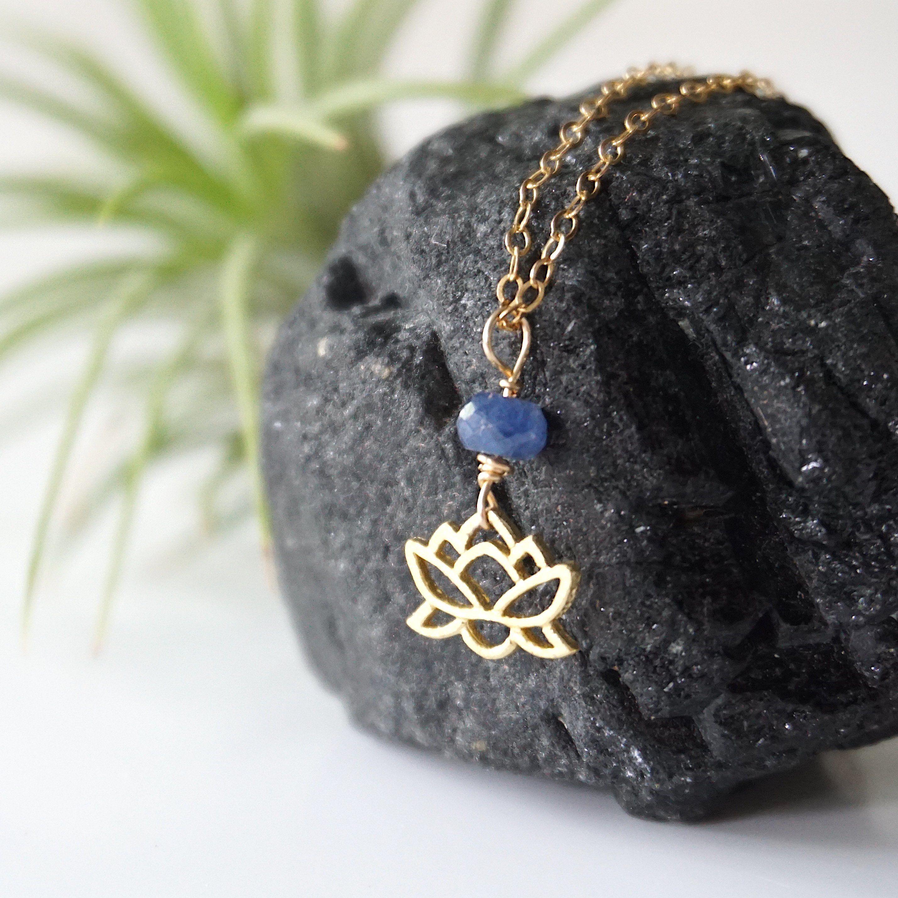 14K Gold Filled Sapphire Bead Lotus Charm Necklace for Women - Elegant Jewelry Gift for Birthday, Anniversary & Special Occasions