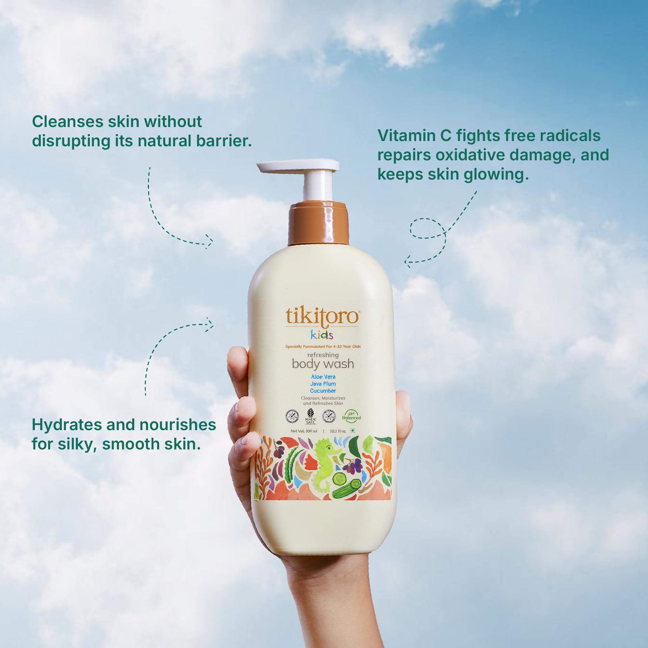 Tikitoro Kids Refreshing Body Wash - 100% Vegan with Cucumber, Java Plum, Vitamin C & Aloe Vera - Deep Cleansing, Hydrating & Refreshing for Sensitive Skin - Paraben & Sulfate Free - 300ml for Boys & Girls Age 4+ - Perfect for Bath Time & Daily Skincare Routine