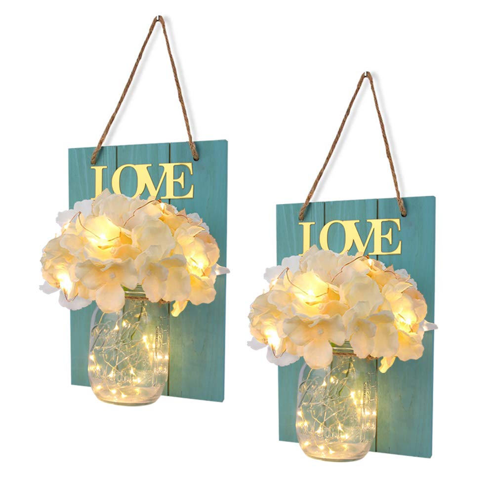 FineUsea Set of 2 Mason Jar Wall Sconces with LED Fairy Lights - Rustic Wooden Home Decor with Hydrangea Flowers for Country House, Office, Dining Room (Blue) | Perfect for Farmhouse, Cottage, and Wedding Decorations