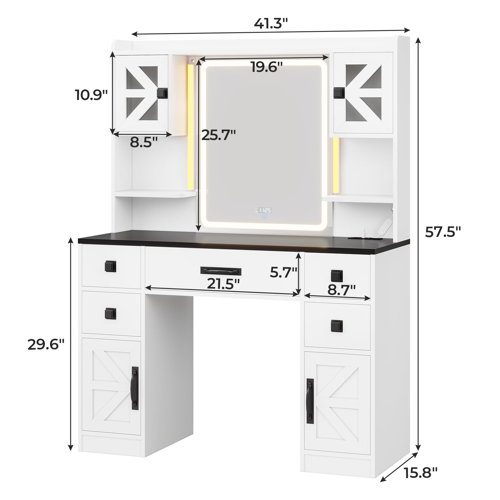 Tiptiper Farmhouse Vanity with Touch Screen Mirror & Time Display - Large Makeup Vanity with USB Charging Station, LED RGB Lights & 5 Drawers - White & Black Vanity Desk with Mirror - Perfect for Bedroom, Dressing Room & Home Salon Makeup Organization