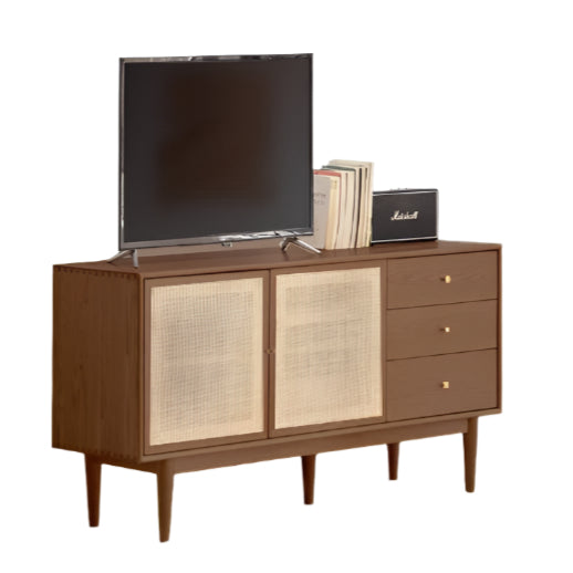 Modern Oak Solid Wood Rattan TV Stand with Storage - Entertainment Center for Living Room, Bedroom & Home Theater Setup