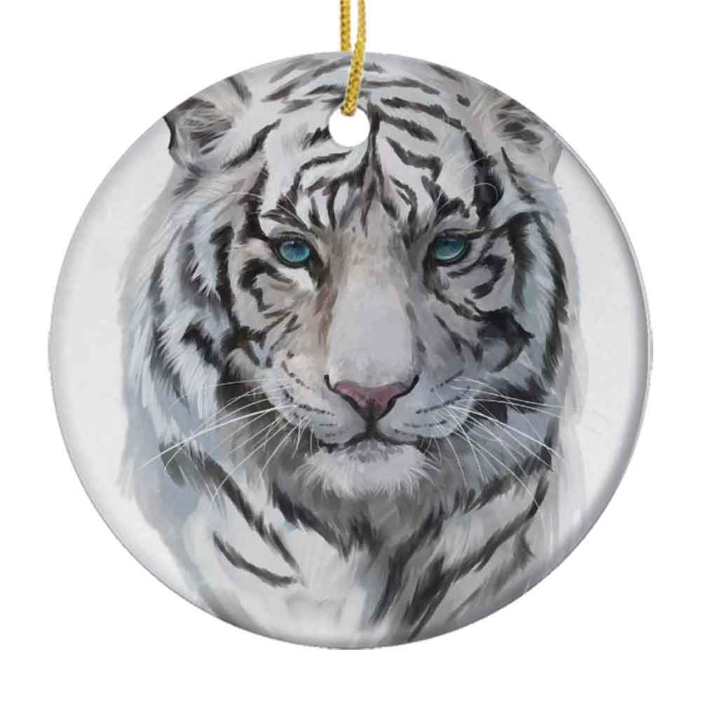 White Tiger Head Ceramic Christmas Ornaments - 2.85in Cute Holiday Tree Decorations for Xmas, Winter Home Decor & Gift Ideas