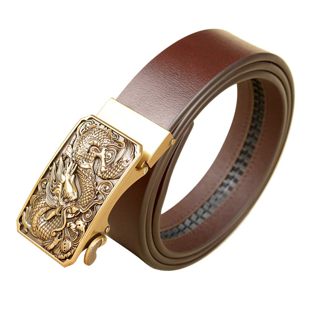 KESYOO Genuine Leather Belt for Men - Black Automatic Golden Buckle with Dragon Pattern - Stylish Dress Belt for Office, Casual & Formal Wear
