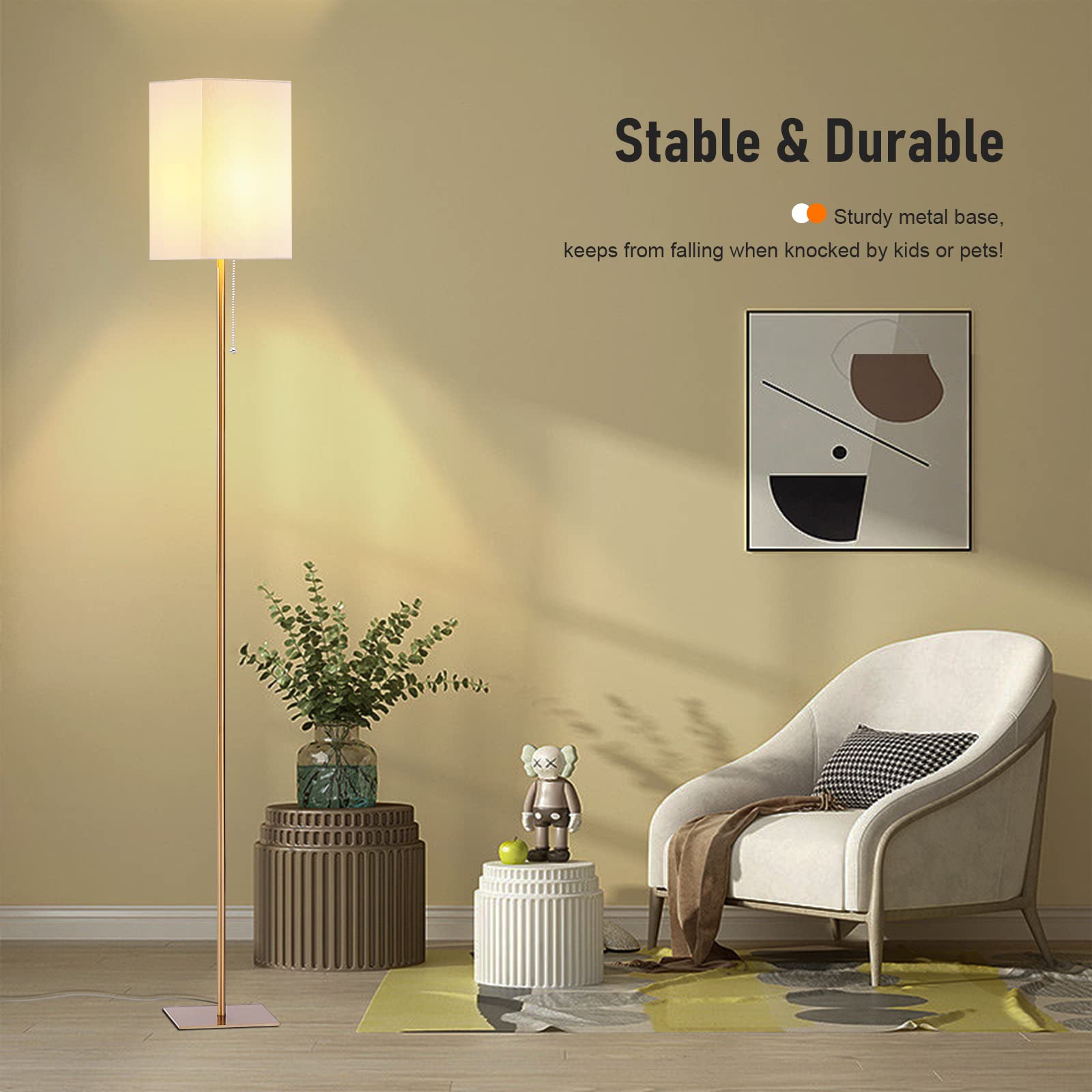 Modern Floor Lamp with Linen Shade - Tall Standing Lamp for Living Room, Bedroom, Office & Kids Room | LED Bulb Included | Perfect for Reading, Working & Home Decor
