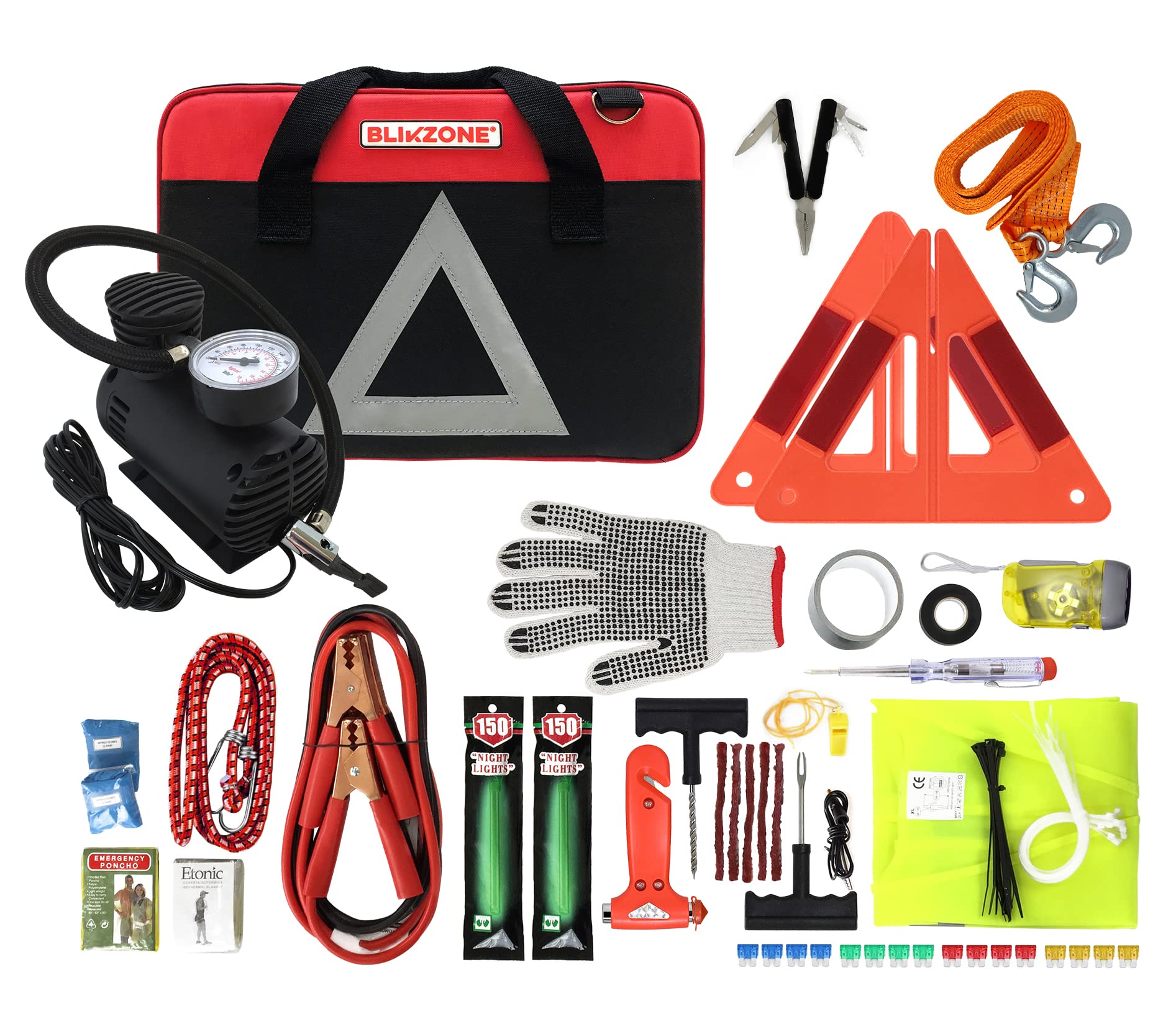 BLIKZONE 81-Piece Roadside Emergency Car Kit with Portable Air Compressor, Jumper Cables & Tire Repair Kit - Essential Car Accessories for Safe Driving - Perfect for Road Trips, Commuting & Vehicle Emergencies