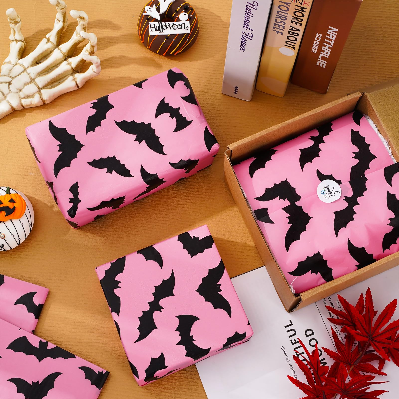 100Pcs Pink Bat Tissue Paper - Bulk Halloween Wrapping Paper with Black Bat Design, 14 x 20 Inch - DIY Gift Wrap & Craft Supplies for Party Decorations, Scrapbooking, and Spooky Halloween Projects
