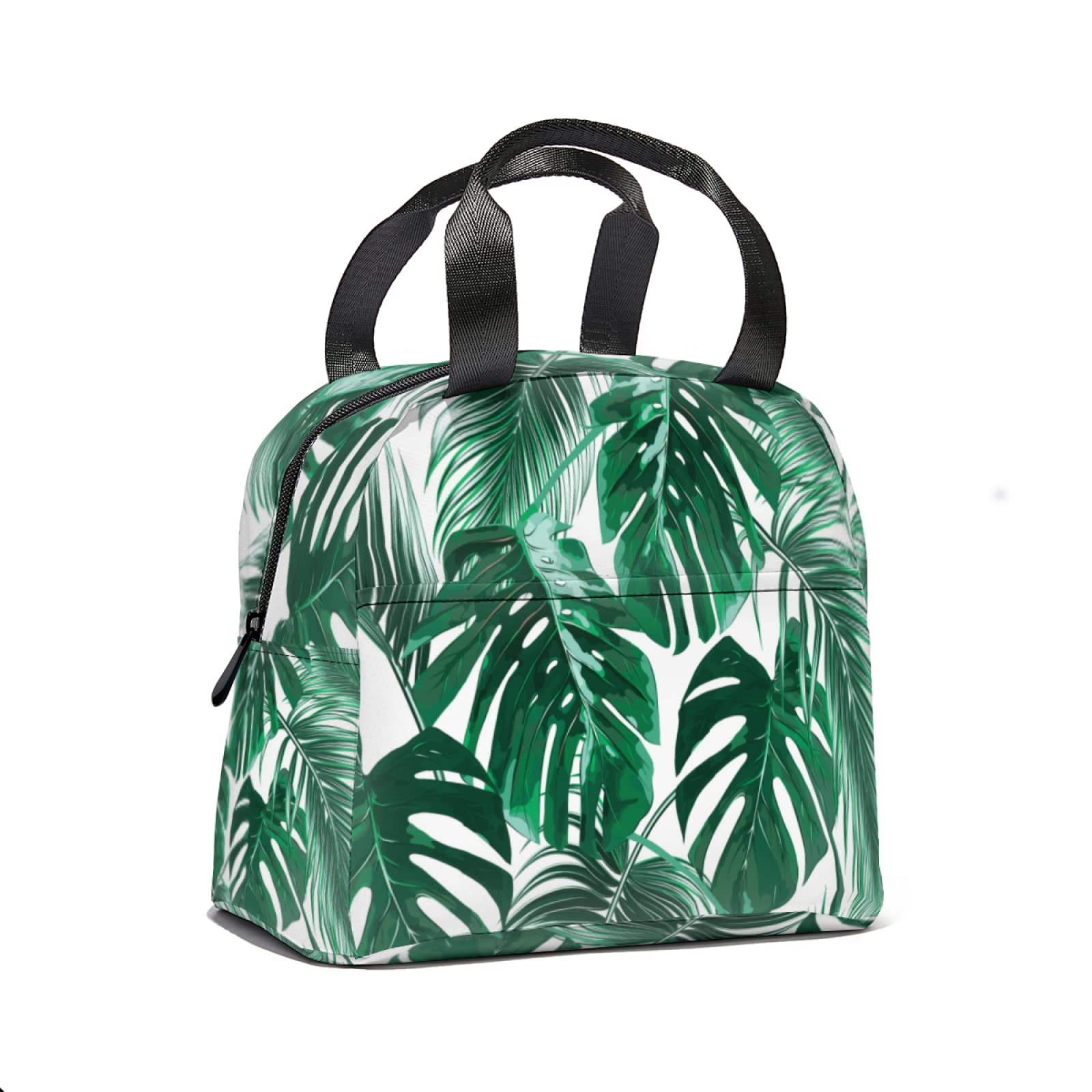 Eco-Friendly Palm Leaf Print Insulated Lunch Tote Bag - Reusable Thermal Lunch Box with Front Pocket for Women & Men | Perfect for School, Office, Picnic & Beach Outings