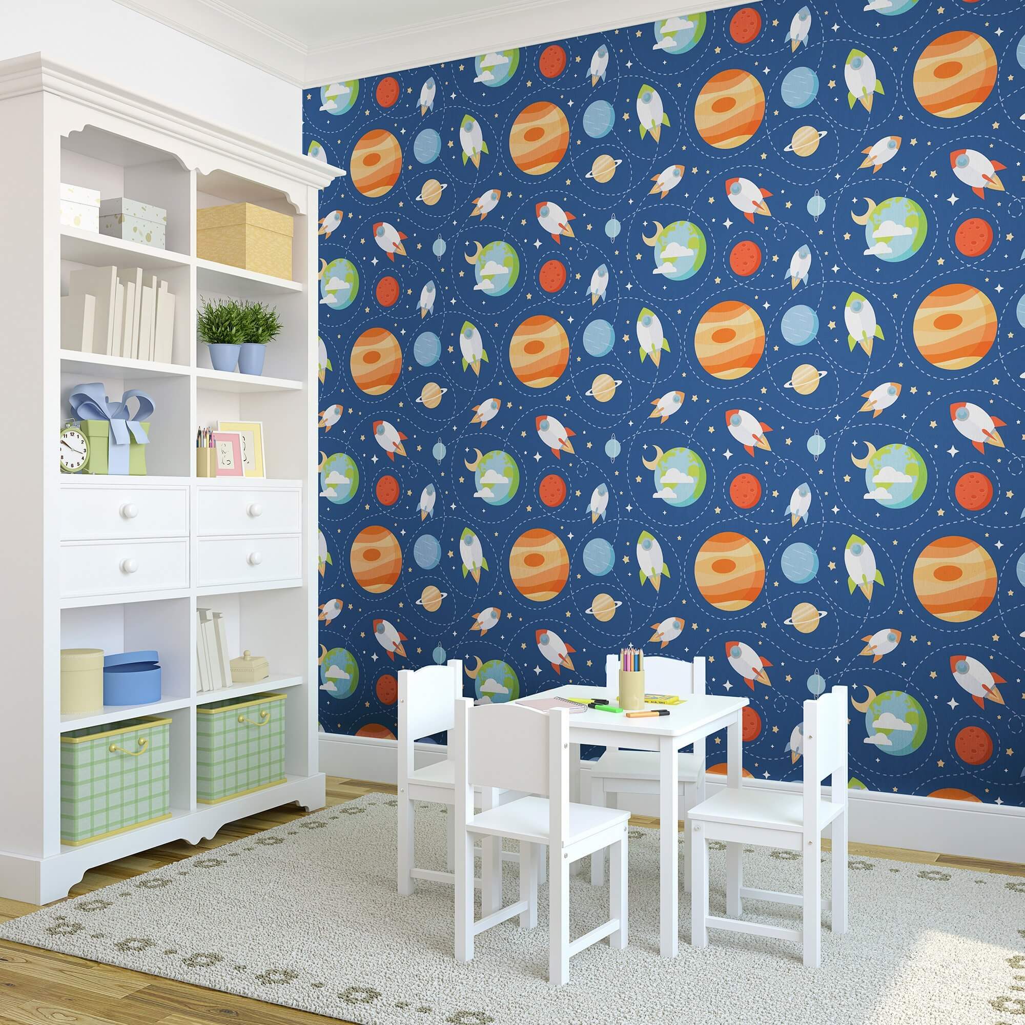 Blue and Brown Space-Themed Peel and Stick Removable Wallpaper for Kids' Room - Easy DIY Nursery Decor, Bedroom Accent Wall, Playroom Design (Style 0565)