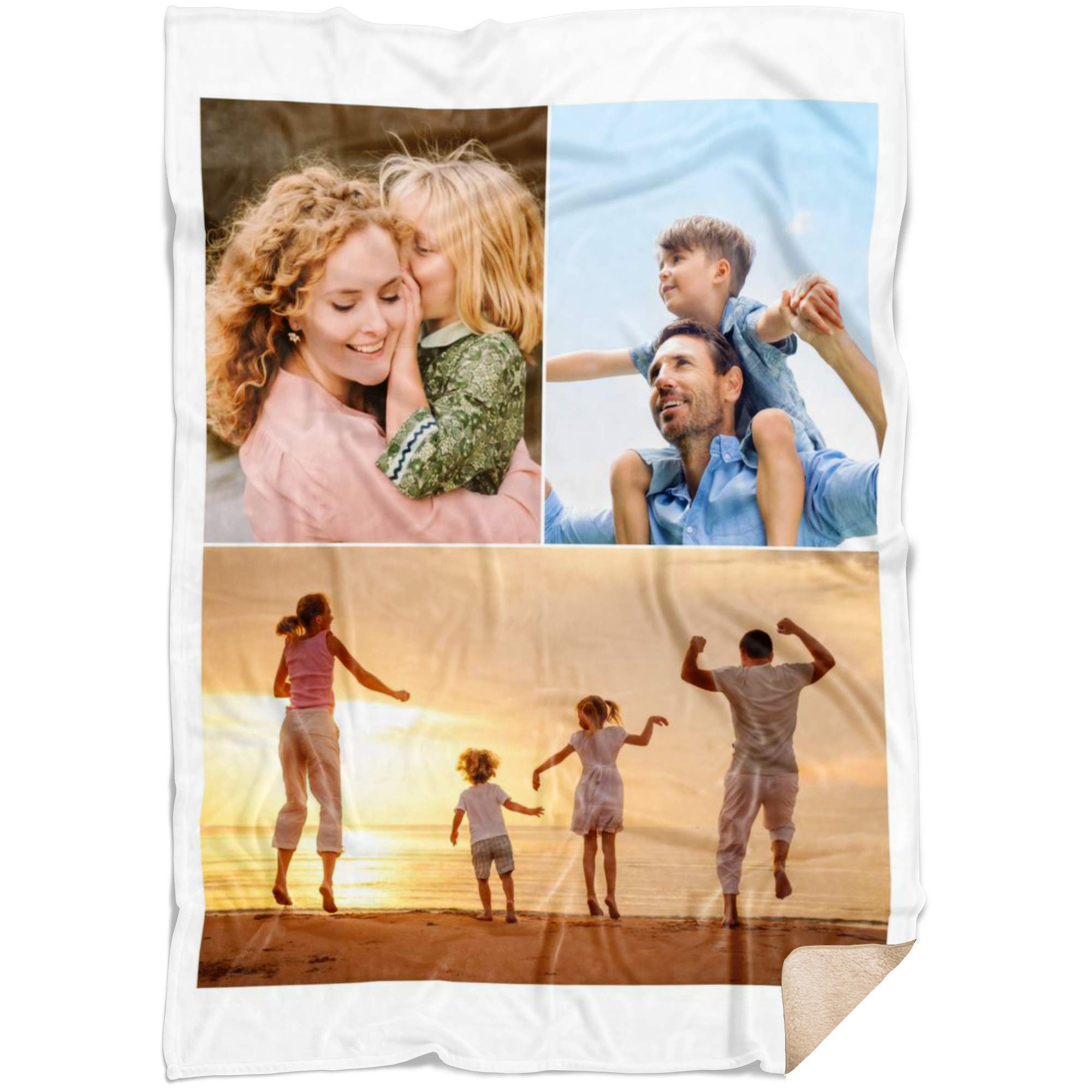 **Custom Photo Fleece Blanket - Personalized Throw Blanket with 3 Image Collage, Super Soft Sherpa Fleece (60