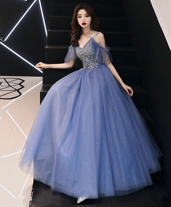 Elegant Blue V-Neck Tulle Lace Long Prom Dress | Formal Evening Gown for Women | Perfect for Homecoming, Ball, Wedding & Special Occasions
