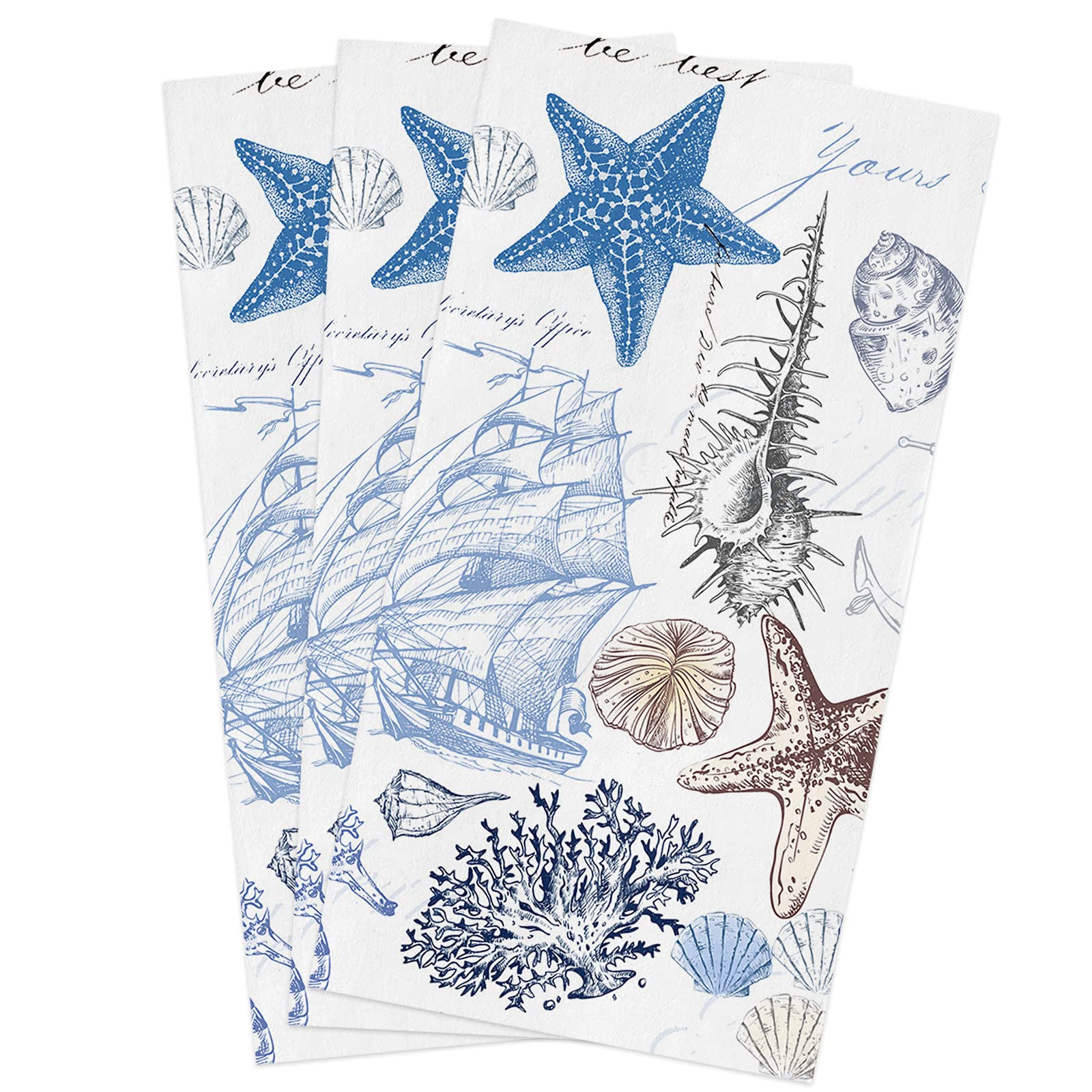 **Blue Ocean Seashell Starfish Coral Microfiber Kitchen Towels Set (3-PC, 18x28) – Absorbent Dish & Hand Towels for Drying, Cleaning & Decorative Use – Perfect for Beach House, Coastal Kitchen & Nautical Themed Decor**