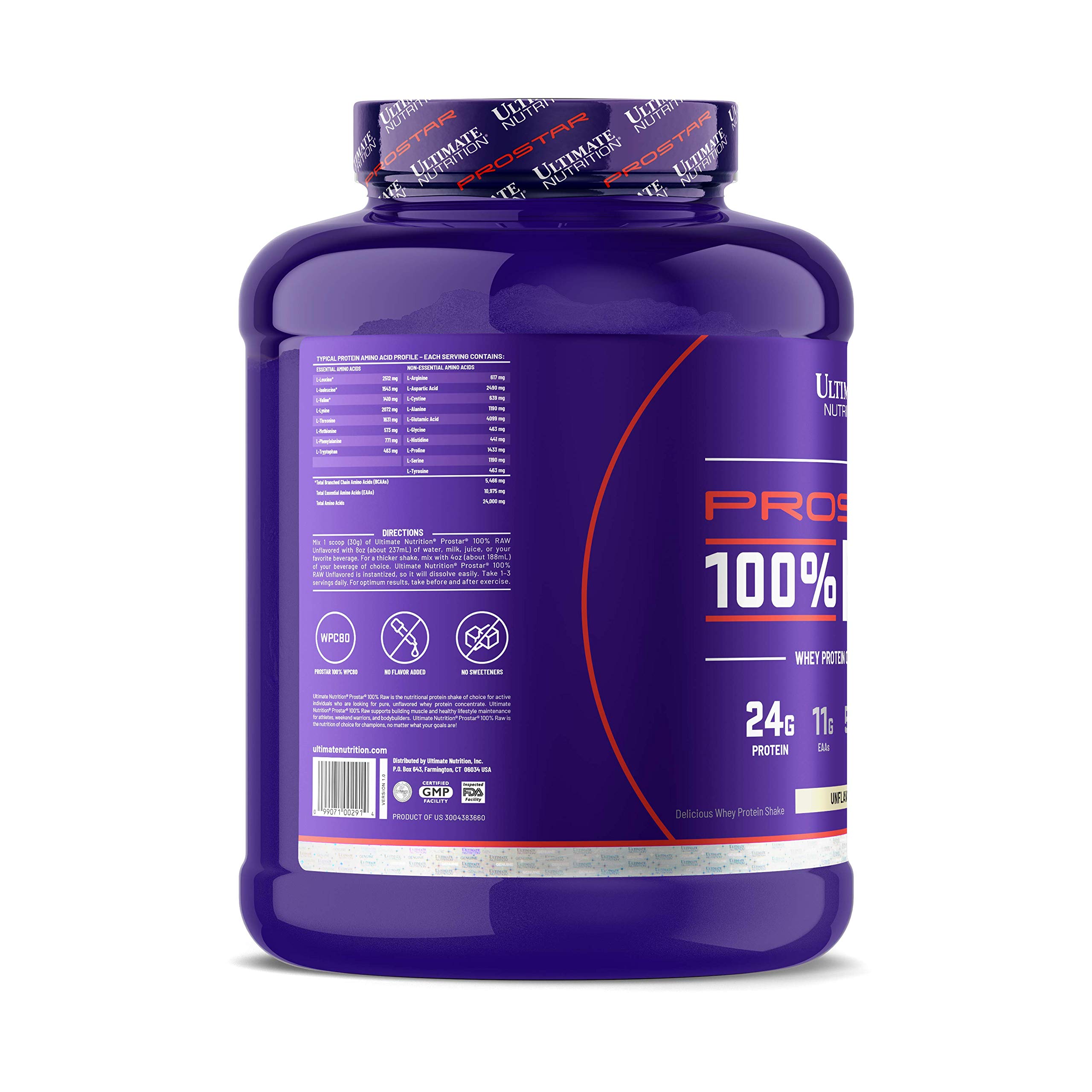 Ultimate Nutrition Prostar Raw Whey Protein Concentrate Powder - Low Carb, Low Fat, Keto Friendly, 24g Protein & 5.5g BCAAs Per Serving, Unflavored, 4.4lbs (67 Servings) - Ideal for Post-Workout Recovery, Muscle Building & Weight Management