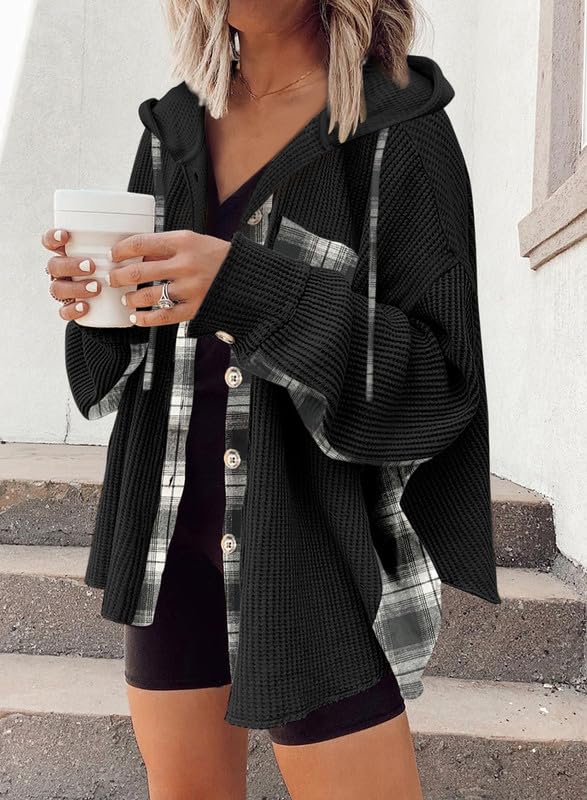 SHEWIN Women's Waffle Knit Plaid Shacket - Oversized Boyfriend Button Down Shirt with Hood, Long Sleeve Loose Top | Casual Fall Outfit, Layering Piece for Streetwear & Cozy Loungewear