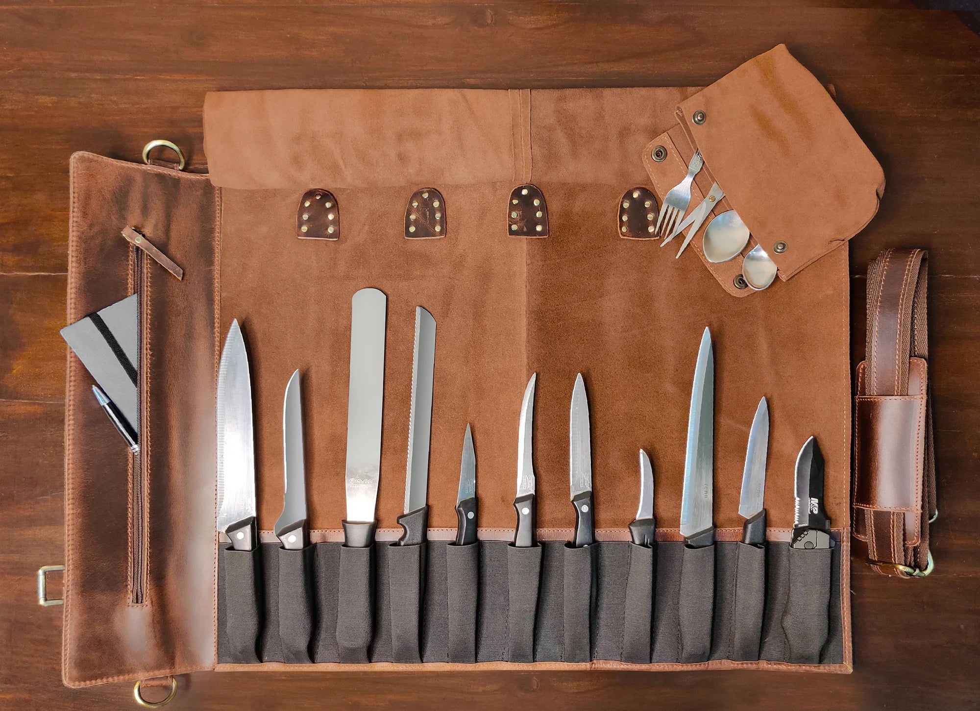 Premium Koch Knife Roll - Dark Brown Leather Knife Case for Chefs & Culinary Professionals - Perfect for Kitchen, Travel & Professional Cooking Classes