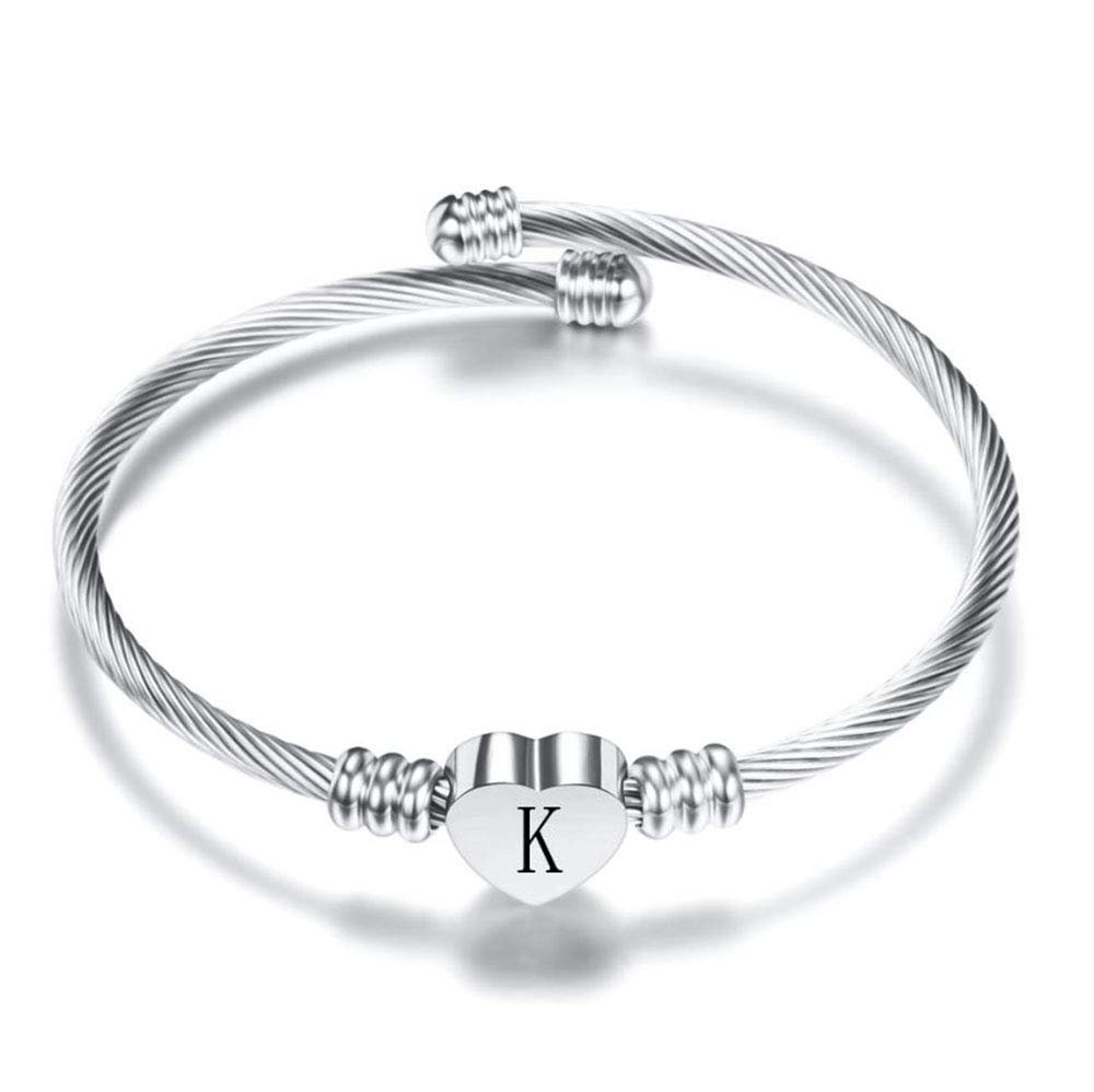 Personalized Silver Initial Letter Cuff Bracelet - Expandable Stainless Steel Heart Bangle for Women - Perfect Gift for Anniversary, Birthday & Valentine's Day
