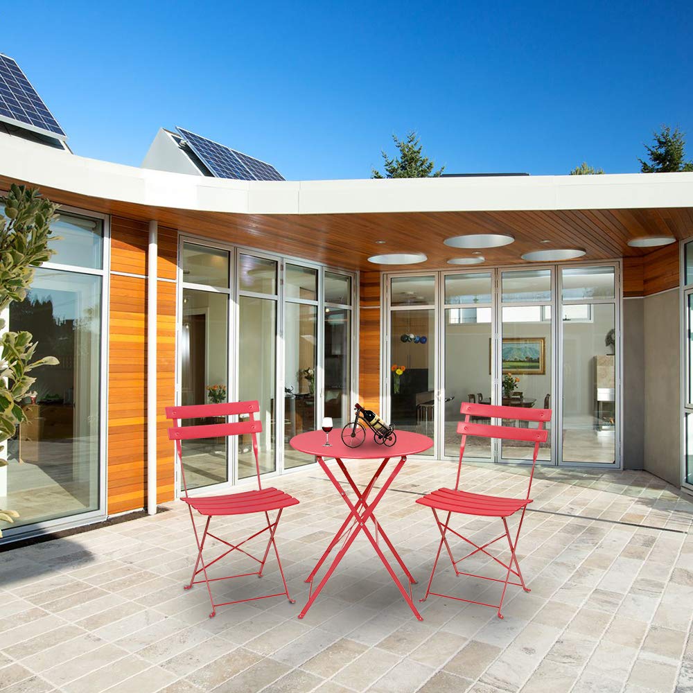 Premium 3-Piece Foldable Steel Outdoor Dining Set - Round Table & Chairs for Patio, Balcony, Garden, Lawn, Porch | Weather-Resistant Red Leisure Furniture for Dining, Relaxing & Social Gatherings