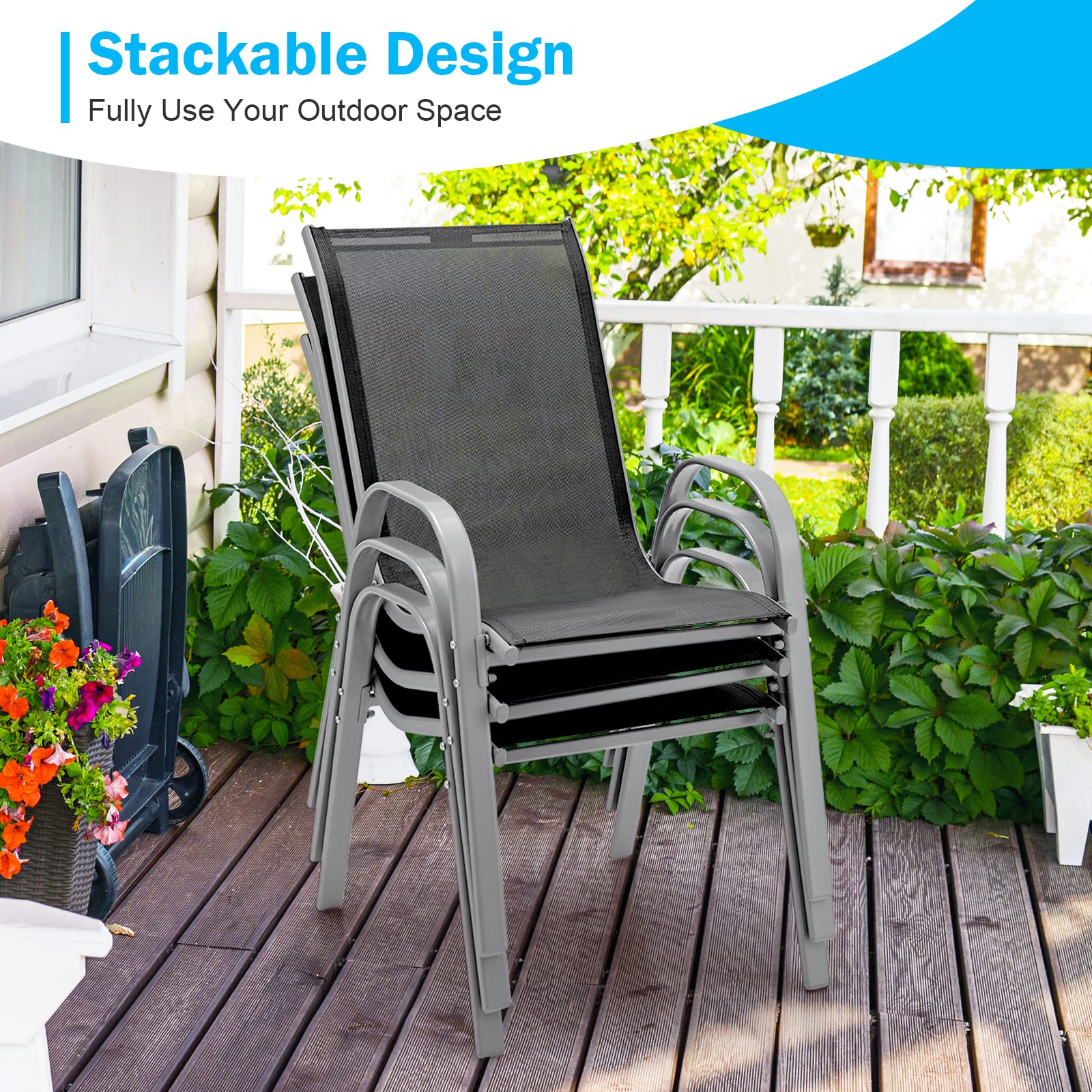 Tangkula 4-Piece Stackable Outdoor Dining Chairs Set - Heavy Duty Steel Frame Patio Armchairs for Backyard, Lawn & Poolside - Weather Resistant Gray Outdoor Furniture (Perfect for BBQs, Garden Parties & Pool Relaxation)