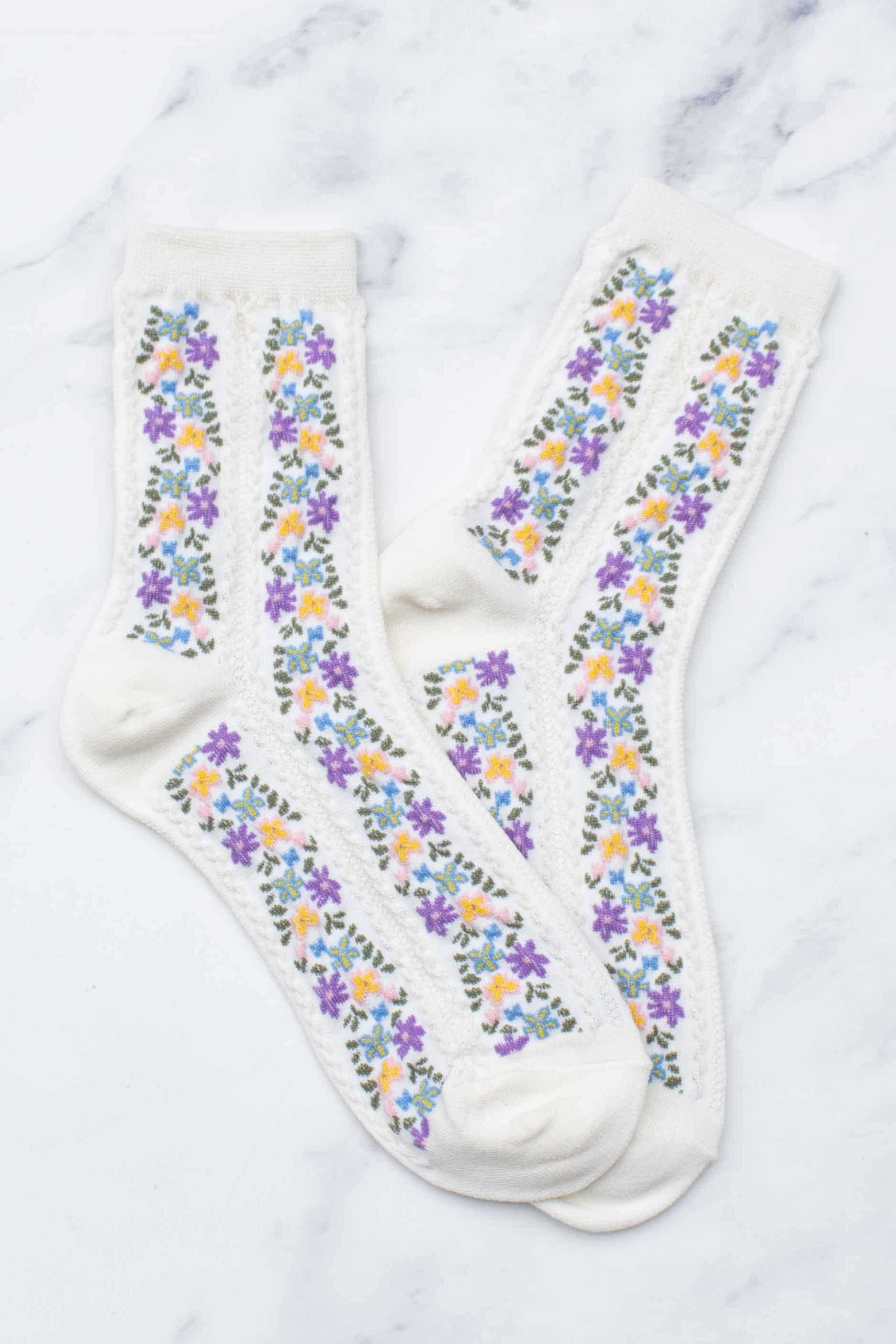Vibrant Floral Pattern Cotton Crew Socks for Women - Soft Ivory Color - Perfect for Casual Wear, Gift Giving & Seasonal Fashion