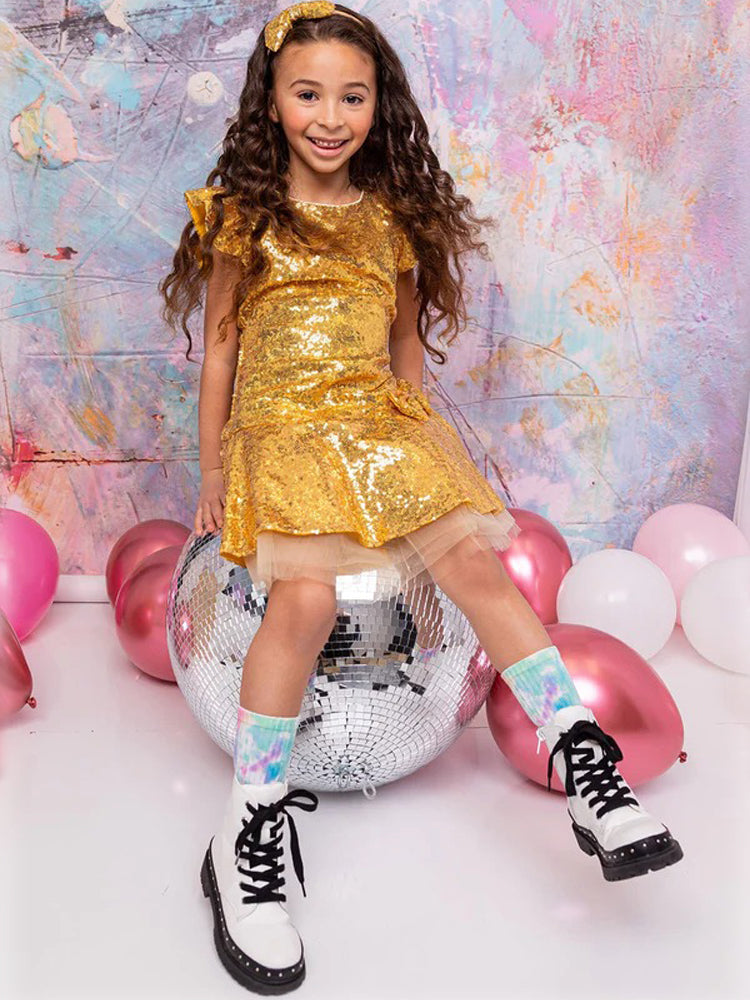 Gold Sequin Ruffle Tutu Dress for Big Girls - Junior Bridesmaid Dress Size 8-12 | Perfect for Weddings, Birthday Parties & Pageants
