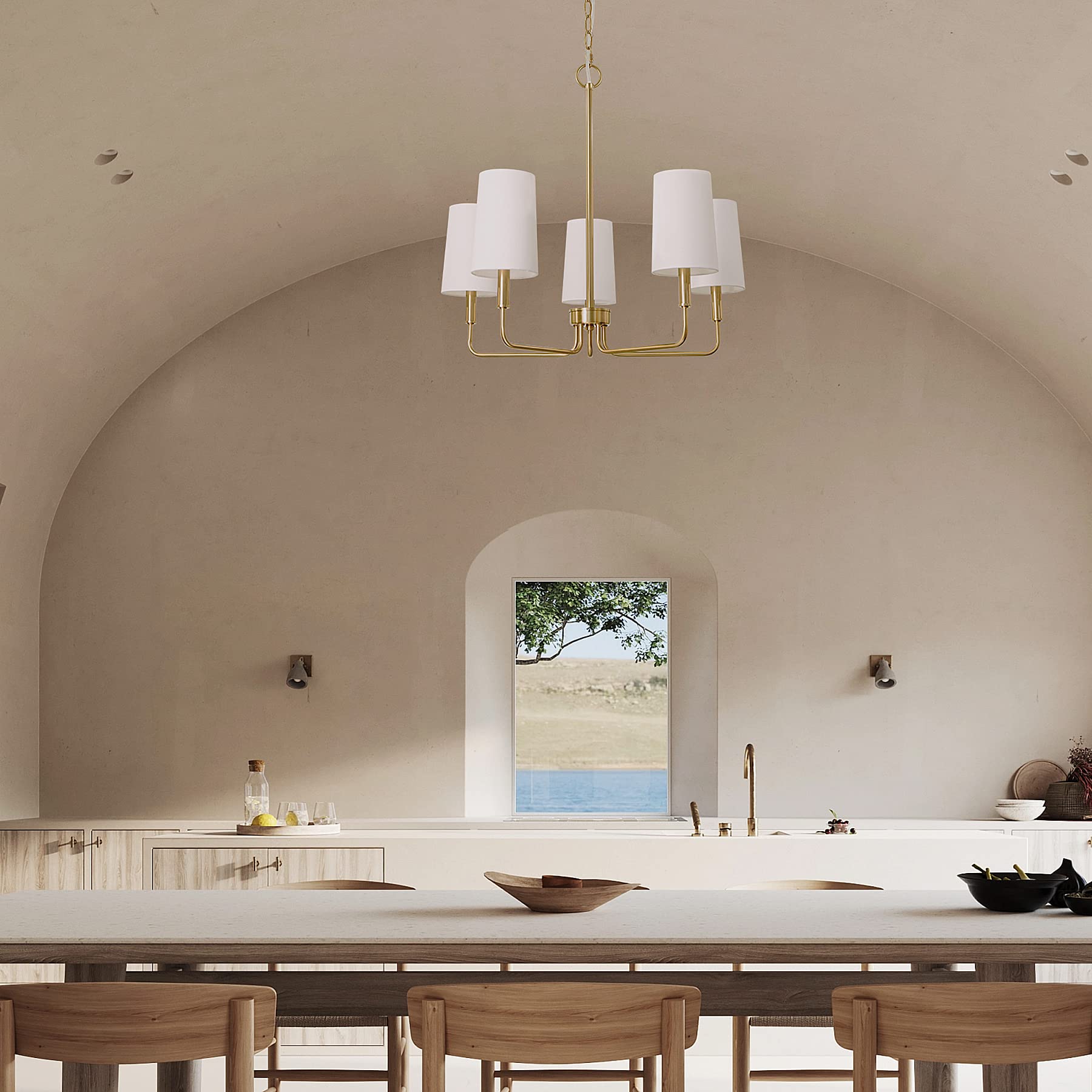 5-Light Brushed Brass Chandelier with White Fabric Shades - Farmhouse Linear Island Lighting Fixture for Kitchen, Dining Room & Entryway | Perfect for Rustic, Modern & Transitional Home Decor