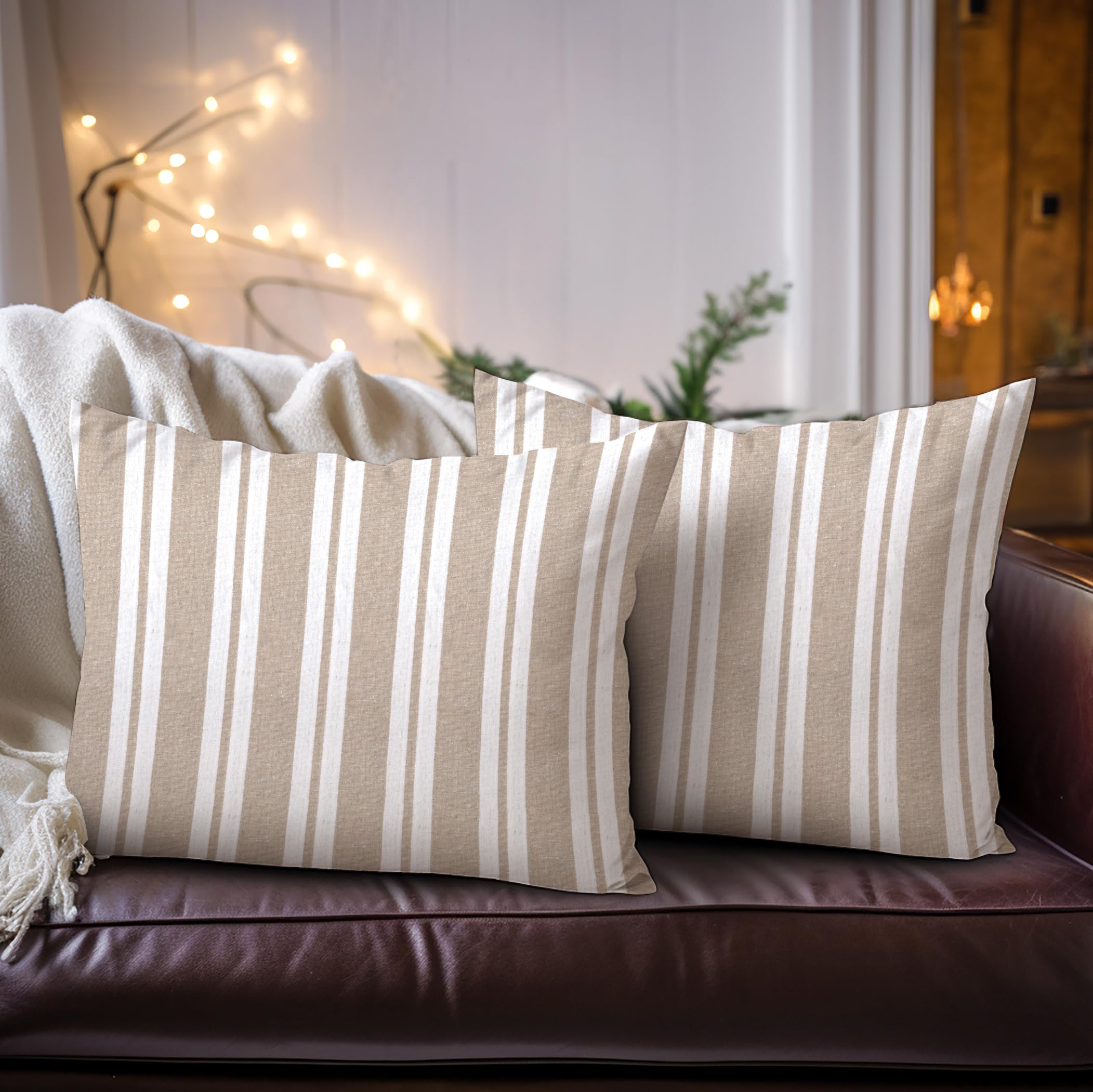Encasa XO Farmhouse Throw Pillow Covers Set of 2 (12x20 Inches) - Franca Beige Striped Decorative Cushion Covers No Inserts | Plaid & Striped Sofa Pillow Covers for Living Room, Couch, Bedroom & Home Decor | Cozy Farmhouse Style Accent Pillows