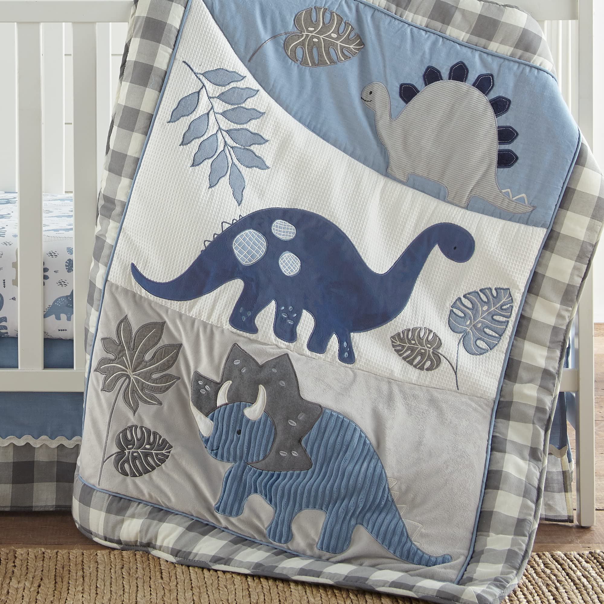 Levtex Baby Kipton 4-Piece Crib Bedding Set - Dinosaur & Leaf Print Nursery Collection in Grey, White & Blue - Includes Quilt, Fitted Sheet, Dust Ruffle & Wall Decal - Perfect for Newborn & Toddler Room Decor