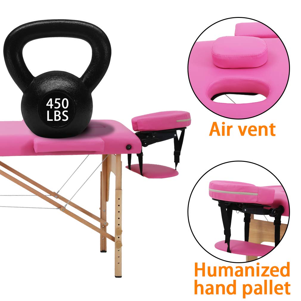 DKELI Foldable Portable Massage Table - 73 Inch Adjustable Height Spa Bed with Facial Cradle & Carry Case, 450LBS Weight Capacity (Pink) - Perfect for Professional Massage Therapy, Tattoo Salon, Home Spa & Mobile Services