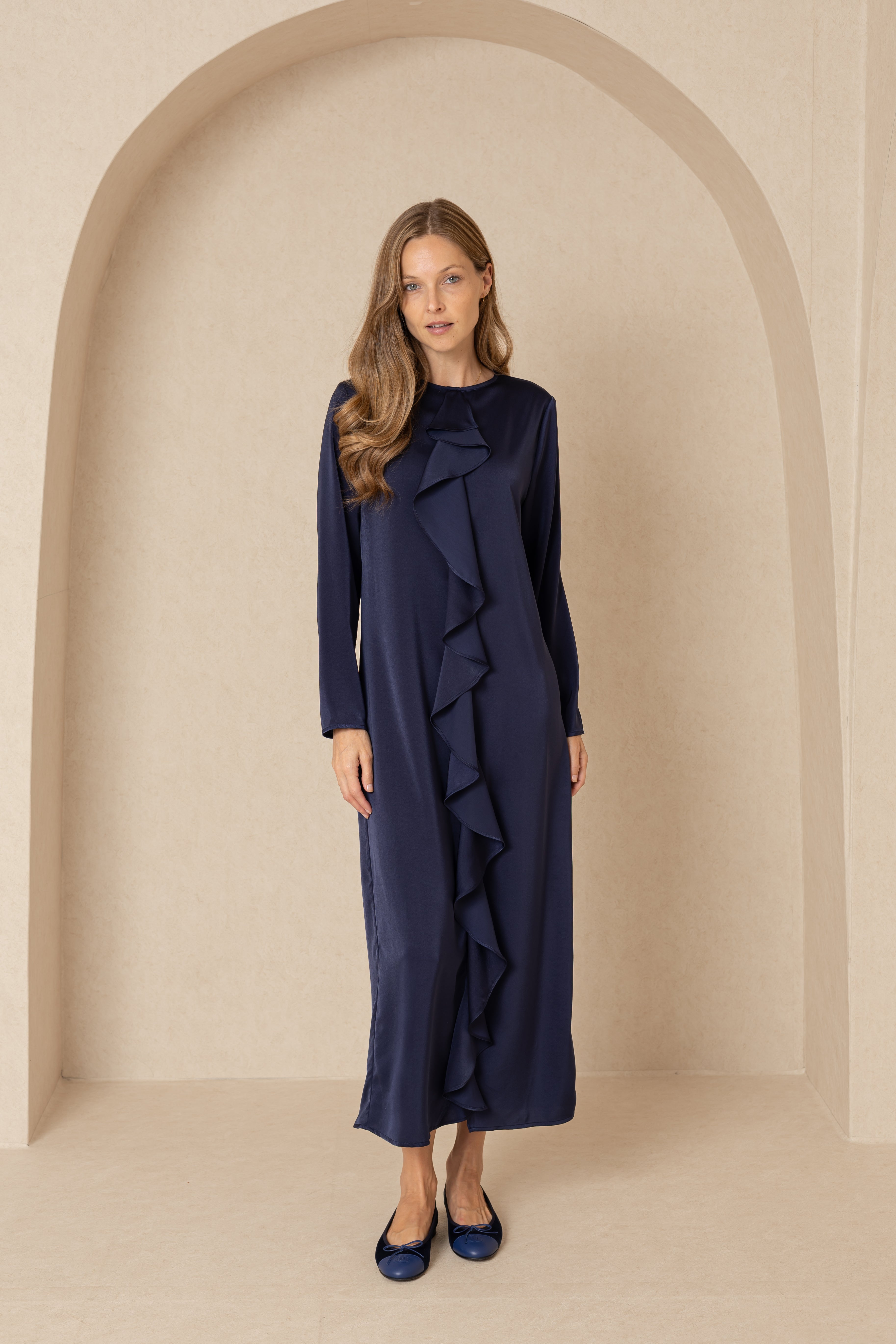 Navy Blue Front Ruffle Silk Maxi Dress - Elegant Long Flowy Evening Gown for Women | Perfect for Weddings, Parties & Special Occasions
