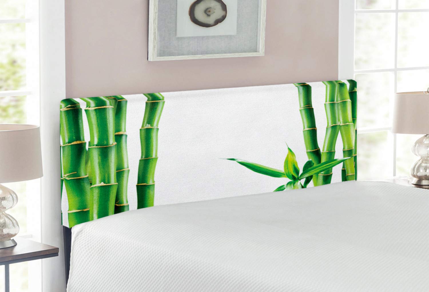 Ambesonne Asian Headboard - Bamboo Branch Design, Tropical Greenery Feng Shui Upholstered Metal Bed Headboard with Memory Foam, Full Size in Fern Green & White - Perfect for Zen Bedroom Decor & Meditation Spaces