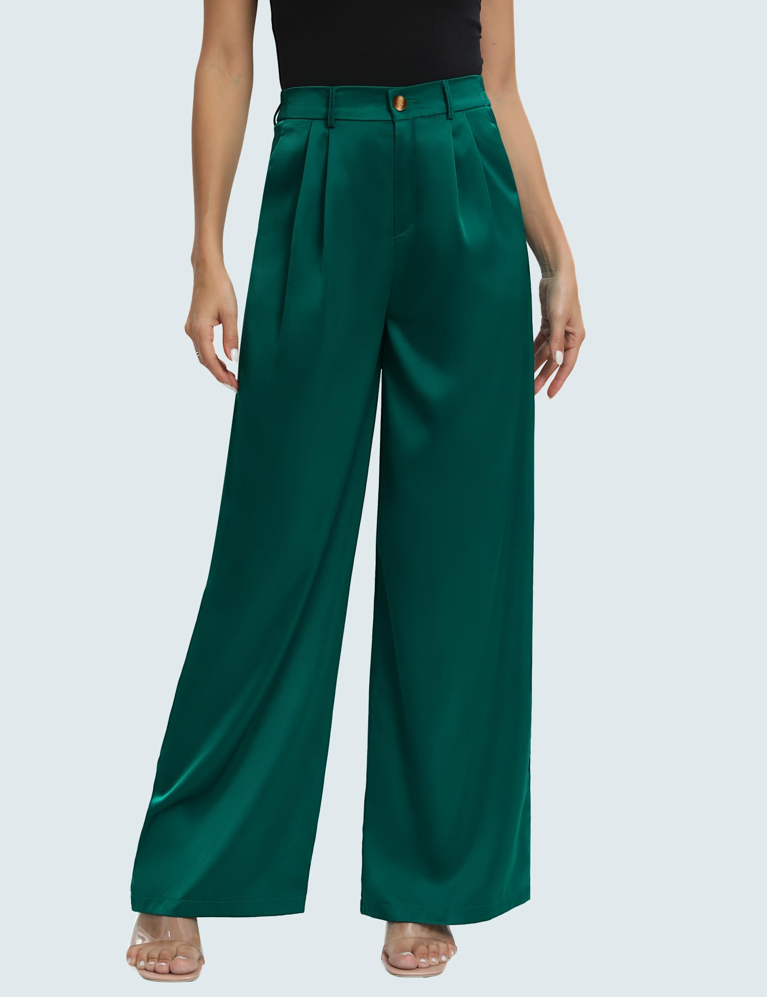 Women's High Waist Satin Dress Pants - Button Front Wide Leg Straight Work Trousers with Pockets | Office Wear, Business Casual, Formal Occasions & Professional Outfits
