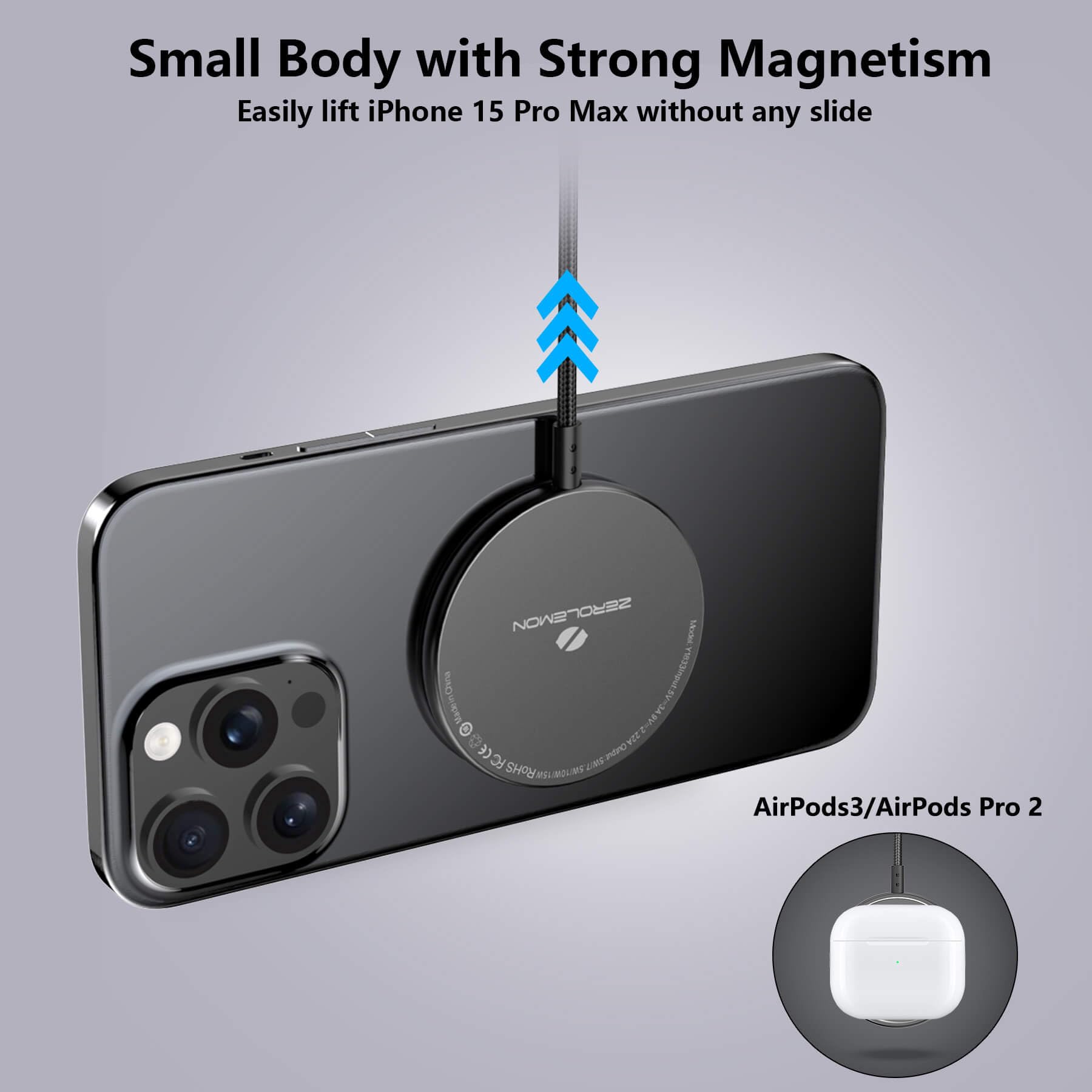 ZeroLemon 10ft Magnetic Wireless Charger - Magsafe Compatible Fast Charging Pad with Extra Long Braided Cable for iPhone 16 Pro Max/16/15/14/13/12 Series & AirPods (Black) | Perfect for Bedside, Office & Car Charging