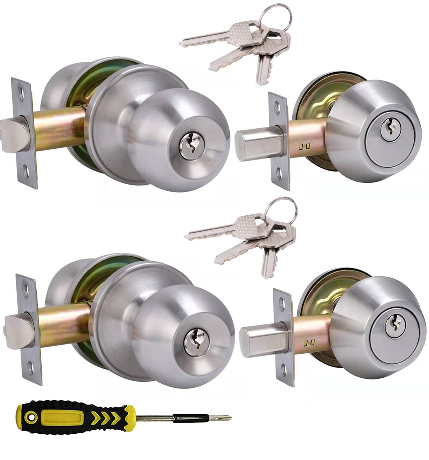 2 Sets Keyed Alike Entry Door Knob & Deadbolt Combo Set - Satin Nickel Round Exterior Door Knobs with Lock & Keys for Front Door Security - Perfect for Home, Apartment & Office Entrance Protection