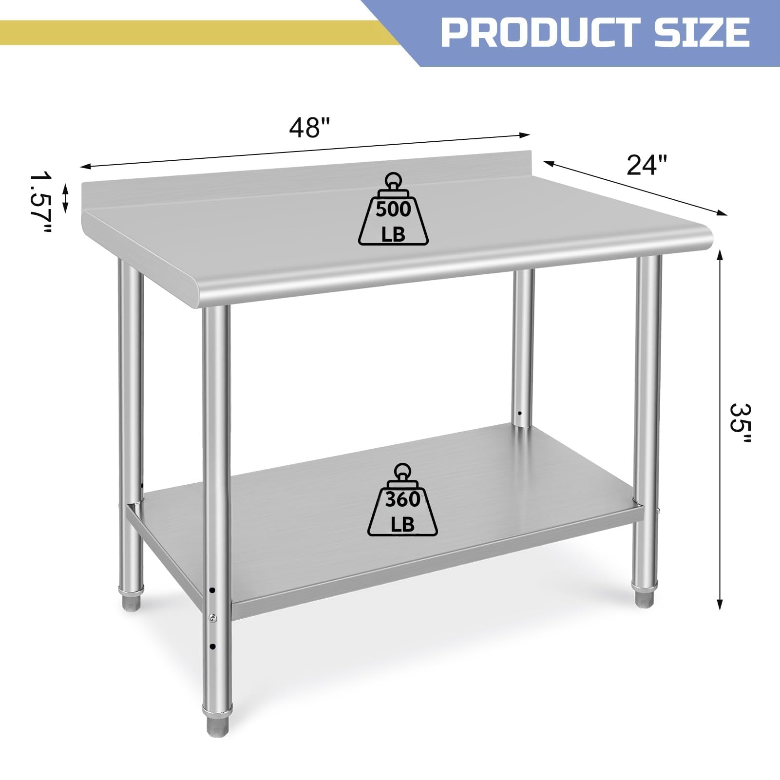 48x24x35 Inch Stainless Steel Commercial Prep Table with Backsplash - Heavy Duty Metal Kitchen Work Table for Restaurant, Home & Hotel Use - Perfect for Food Prep, Cooking & Baking