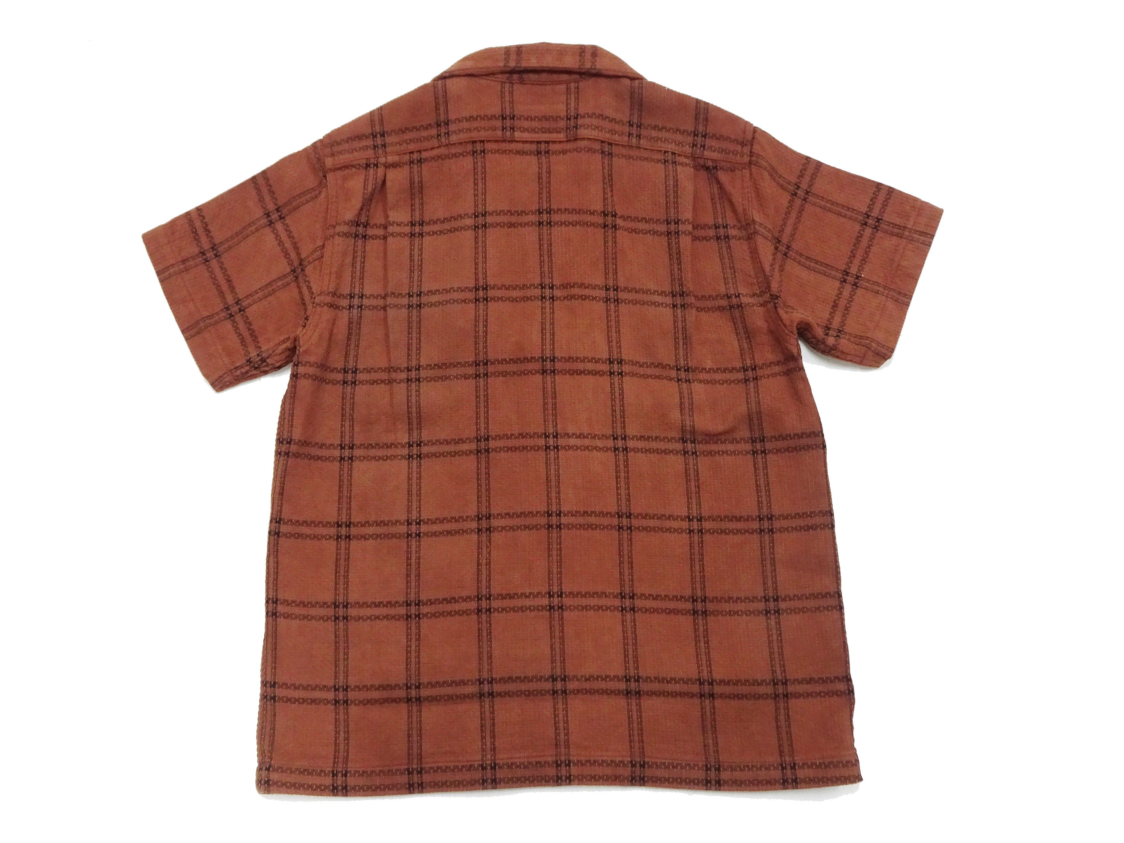 Studio D'artisan Men's Sashiko Casual Shirt - Short Sleeve Plaid Button Up Shirt with Resort Collar in Natural Dye Brown (5690) | Perfect for Summer Outings, Beach Vacations & Casual Wear