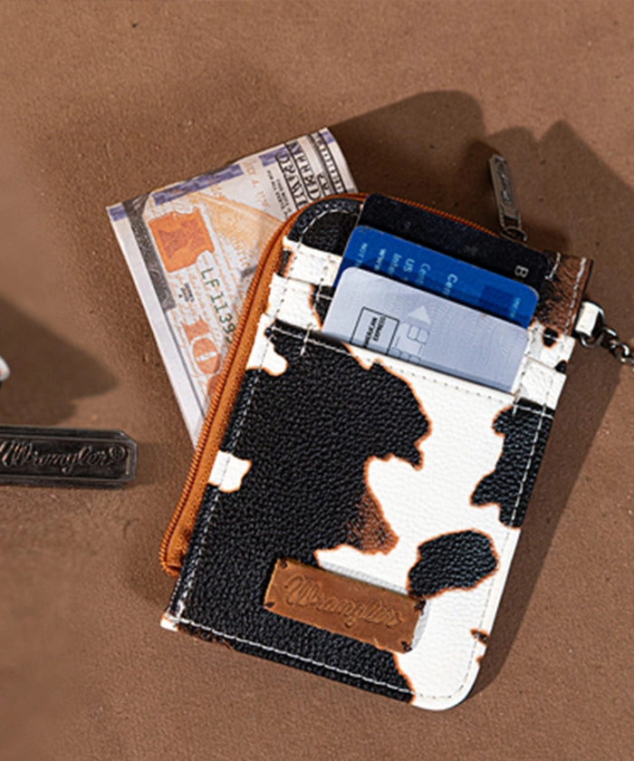 Wrangler Genuine Leather Cow Print Card Holder for Men & Women - Slim RFID Blocking Wallet for Credit Cards & ID - Perfect for Travel, Work, and Everyday Use