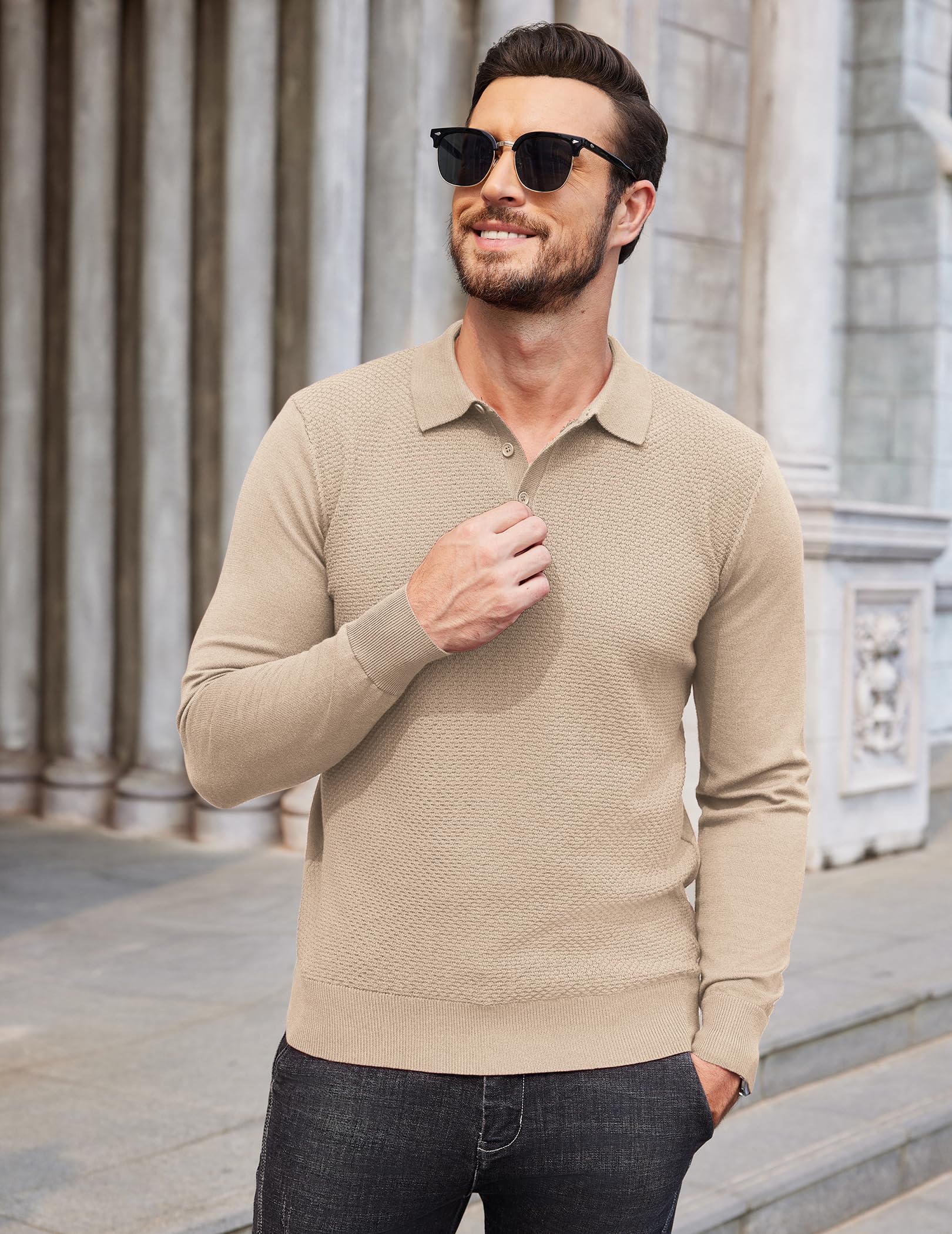 COOFANDY Men's Long Sleeve Knit Polo Sweater - Casual Quarter Button Collared Pullover for Golf & Business - Soft Waffle Textured Cotton Blend (Perfect for Office, Golf Outings & Smart Casual Wear)
