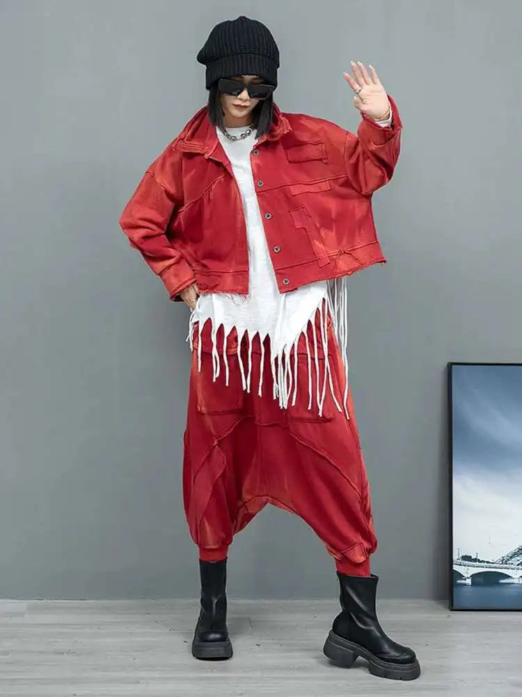 Big Size Red Short Jacket with Pocket & Cross Pants Two-Piece Suit - Women's Fashion Lapel Long Sleeve Outfit for Spring/Autumn 2025 | Casual Wear, Office Attire & Street Style