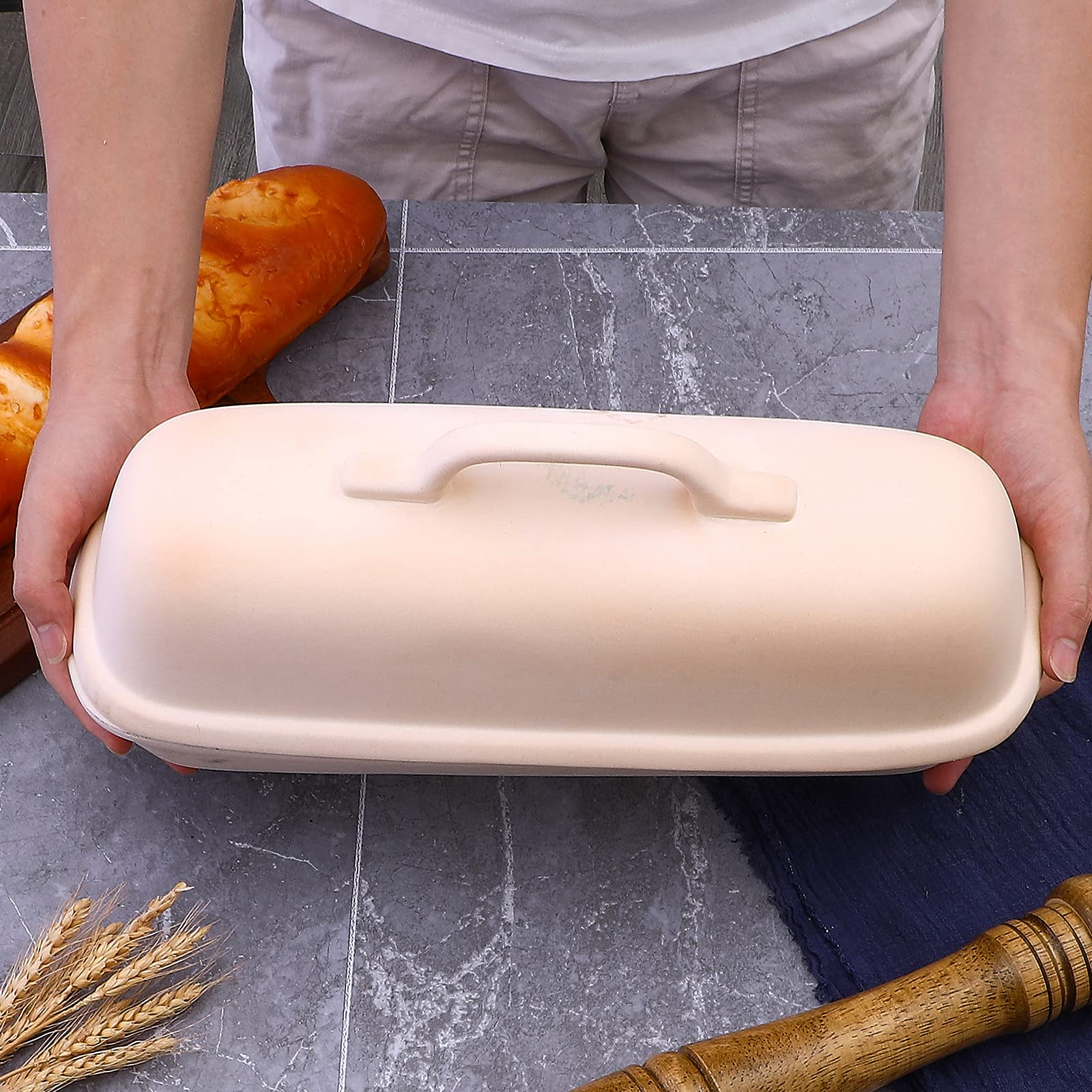 Goodview Superstone Covered Baker - Unglazed Stoneware Bakeware for Bread, Pizza & More - Square Porcelain Baking Pan (15.3 x 5.9 x 7 inches) - Perfect for Homemade Italian Bread with Light Crumb & Crusty Crust - Ideal for Baking, Serving & Entertaining