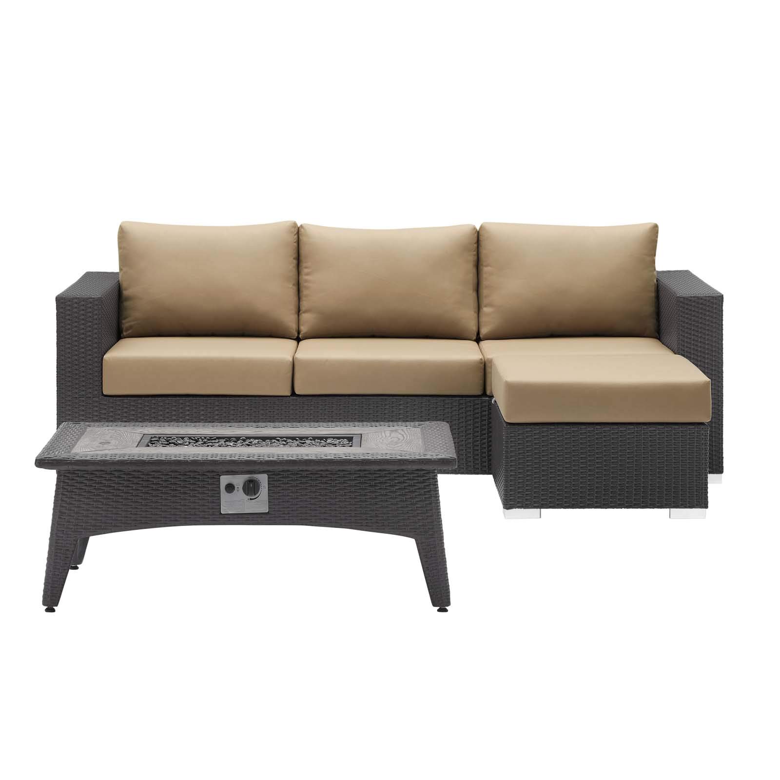 Modern Outdoor Patio Sofa Set with Fire Pit Table - Light Brown Rattan Wicker Furniture for Backyard, Garden, and Poolside Relaxation