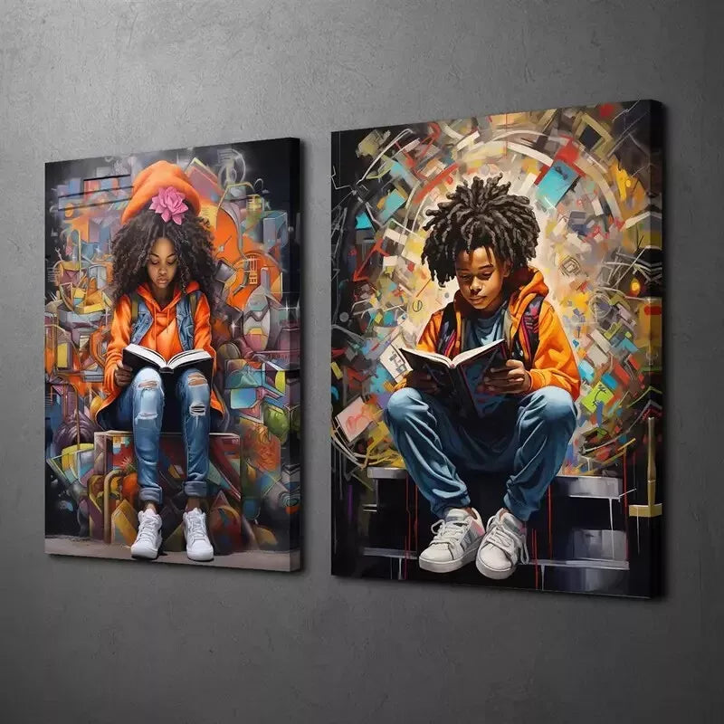 2pcs African Children Book Theme Framed Wall Art - 50x75cm High Quality Canvas Print | 100% Australian Made | Ready to Hang | Perfect for Nursery, Kids Room & Classroom Decor
