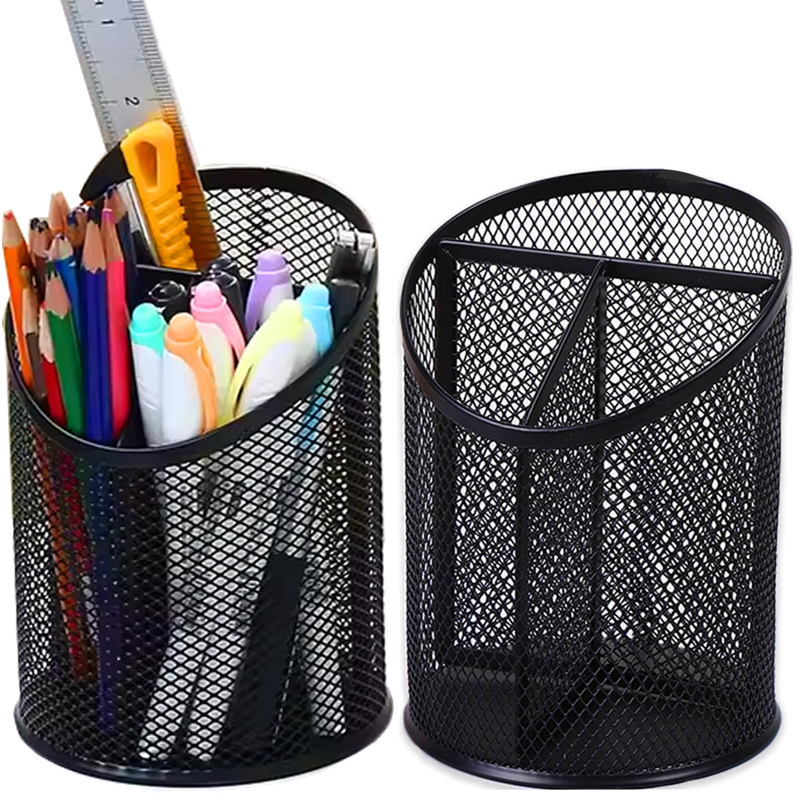 2 Pack Black Mesh Pencil Holder Pen Cup - 3 Compartment Round Desk Organizer for Office, Home & School - Perfect for Pens, Markers, Scissors & Stationery Storage