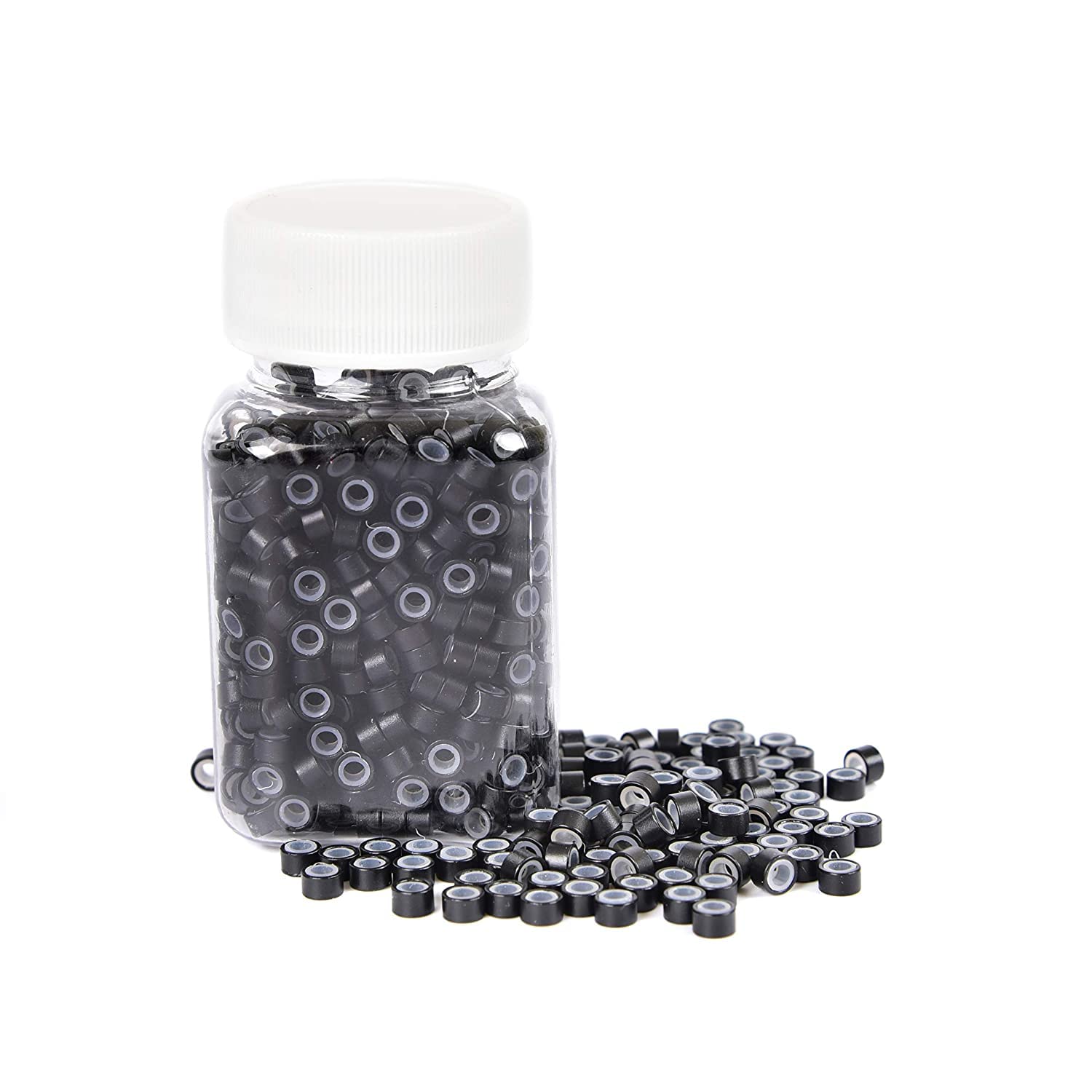 D-DIVINE Micro Rings for Hair Extensions - 500 Pcs Black Aluminum with Silicone Beads (5.0x3.0x3.0mm) - Secure Hair Extension Tips for Human & Feather Hair - Perfect for Salon, DIY Hair Styling & Hairpiece Maintenance