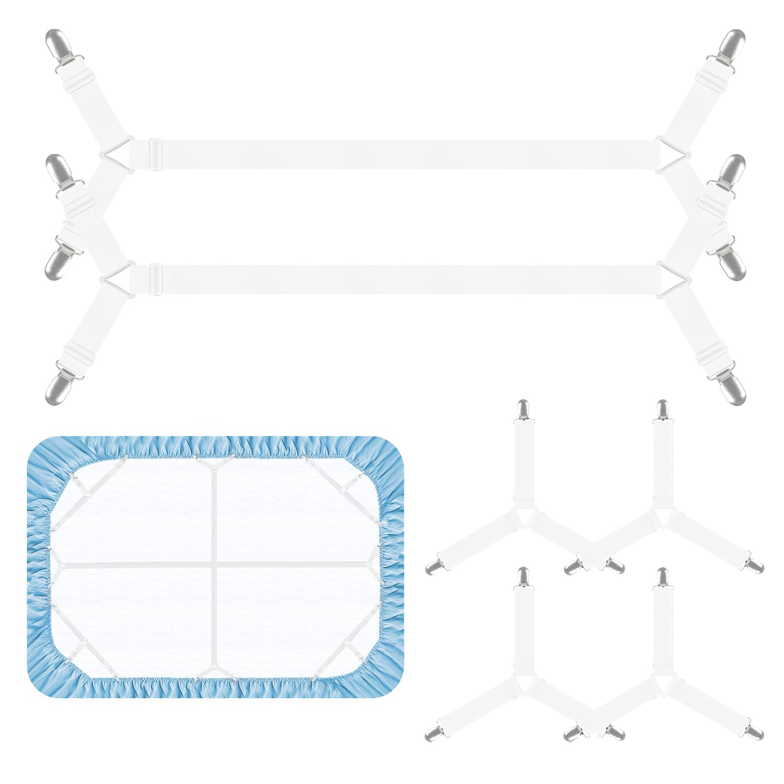 Adjustable Crisscross Bed Sheet Holder Straps - 6-Pack Elastic Fitted Sheet Fasteners for Full, Queen, King & Twin Beds - Secure & Wrinkle-Free (White) | Perfect for Hotels, Dorms & Home Use