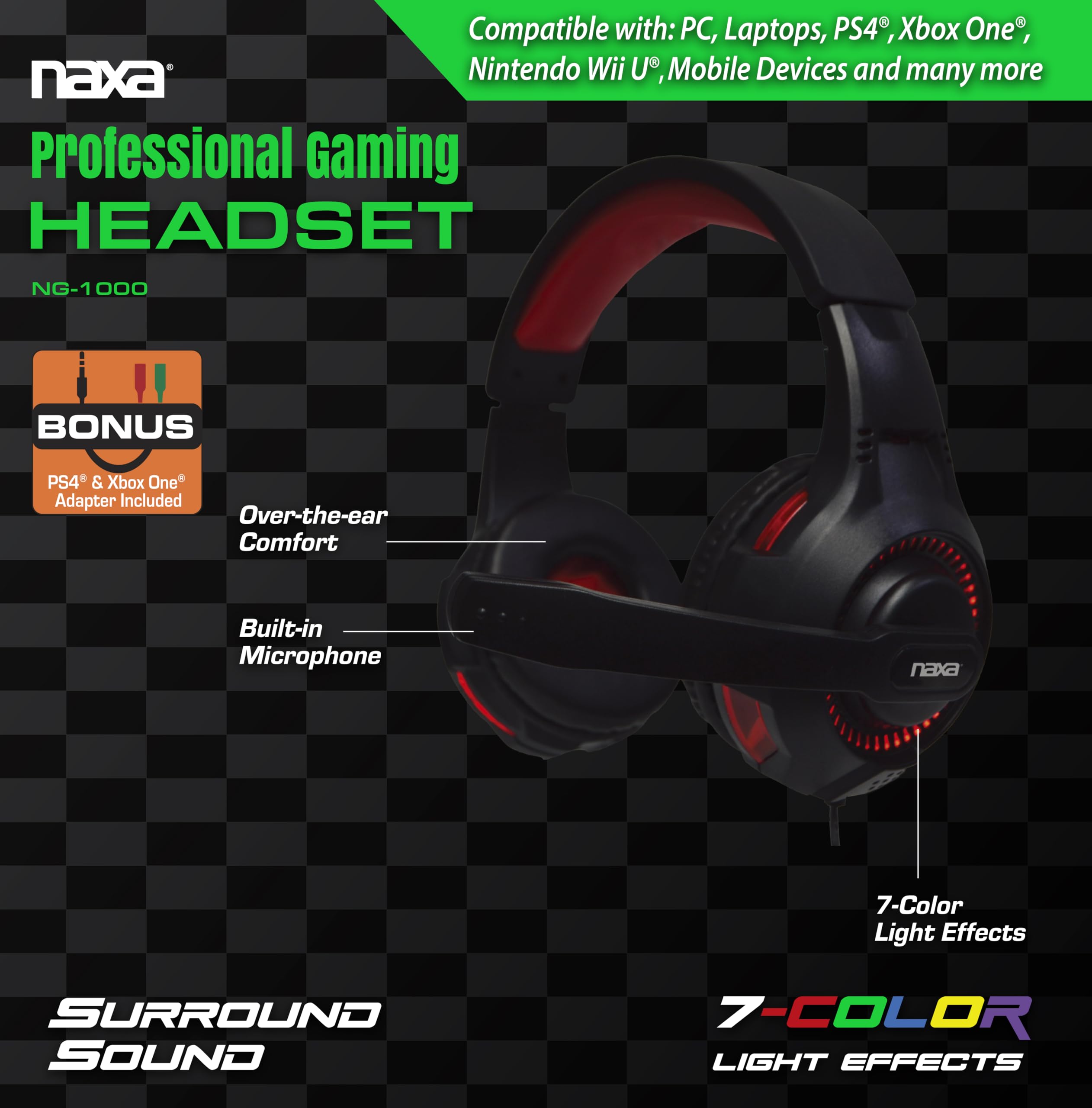 Naxa Electronics NG-1002 Professional Gaming Headset with Noise Cancellation - Wired Over-Ear Headphones for PC, PS4, Xbox, Streaming & Esports (Perfect for Competitive Gaming & Long Sessions)