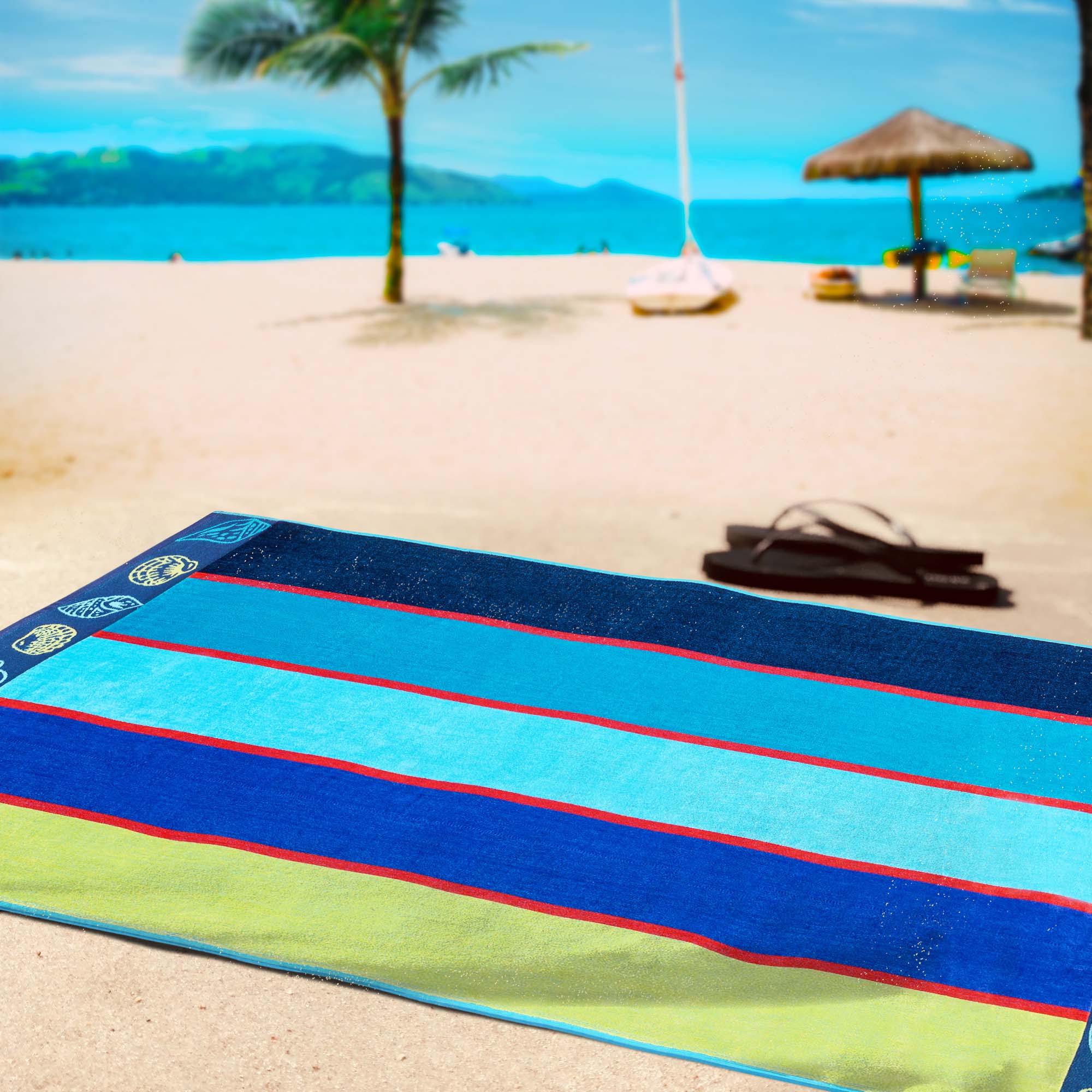 Premium Oversized 4-Piece Cotton Beach Towel Set with Sea Shell Design - Soft, Absorbent & Quick-Drying for Pool, Beach, Vacation & Outdoor Activities