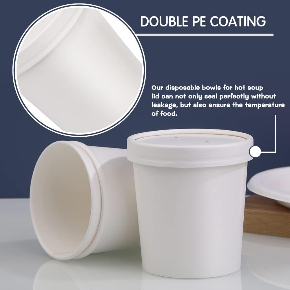 16 oz Disposable Paper Soup Cups - 50 Pack White Food Containers with Vented Lids for Hot Soups, Desserts & Ice Cream | Perfect for Takeout, Catering & Party Serving