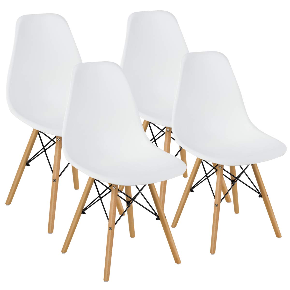 GOFLAME DSW Dining Chairs Set of 4 - Modern Plastic Shell Chairs with Wooden Legs, Armless Eiffel Style Side Chairs with Ergonomic Backrest - Perfect for Kitchen, Dining Room, Living Room & Bedroom - White