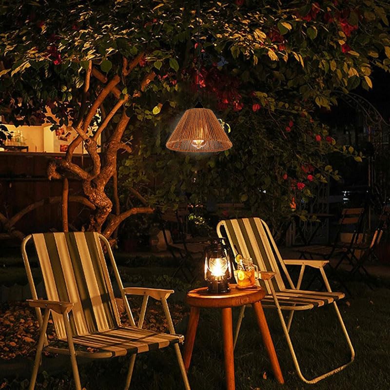 Battery Operated LED Pendant Light - Outdoor Chandelier with Rattan Shade for Gazebo, Porch, Patio, Backyard, Bedroom & Kitchen Decor (4 AA Batteries) | Perfect for Romantic Dinners, Cozy Nights & Outdoor Entertaining