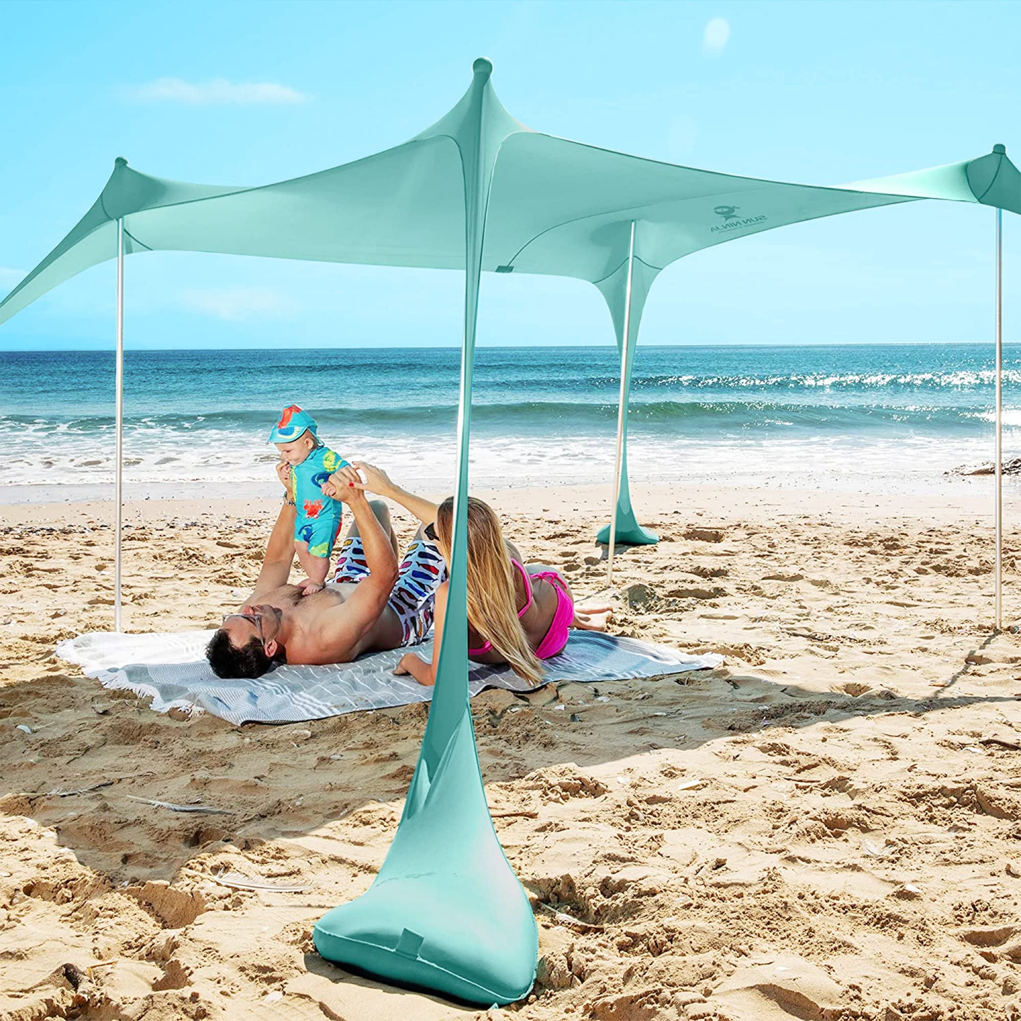 **SUN NINJA Pop Up Beach Tent Sun Shelter UPF50+ with Sand Shovel, Ground Pegs & Stability Poles – Portable Outdoor Shade for Camping, Fishing, Picnics & Backyard Fun – Perfect for Family Beach Days & Summer Adventures**