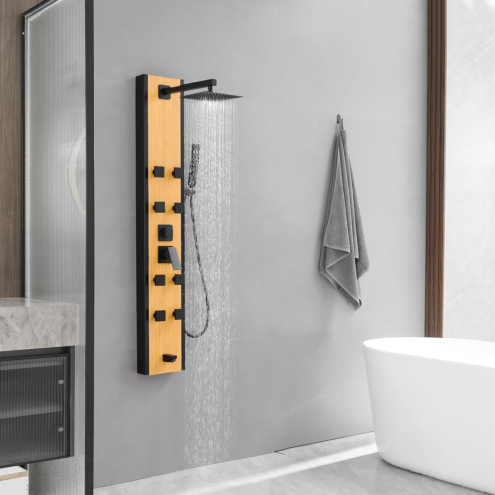 Premium BWE Stainless Steel 8-Jet Shower Panel System - Multi-Function Wall Mount Shower Column with Handheld Wand, Black & Bamboo Design for Luxurious Spa-Like Bathroom Experience